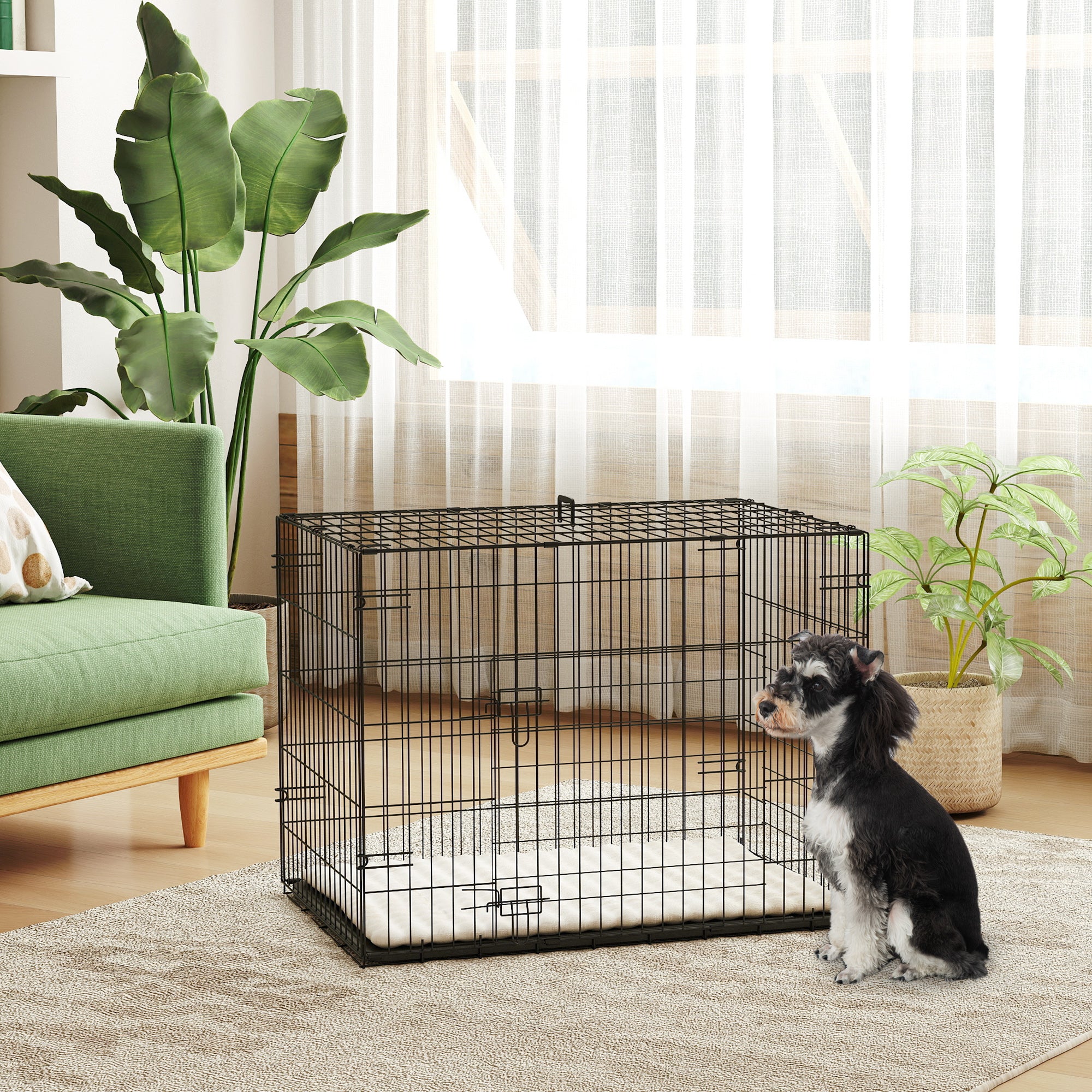 PawHut Dog Crate, Folding Metal Dog Cage with Two Doors, Tray, Soft Cushion, for Small Dogs, 91 x 62 x 68 cm, Black