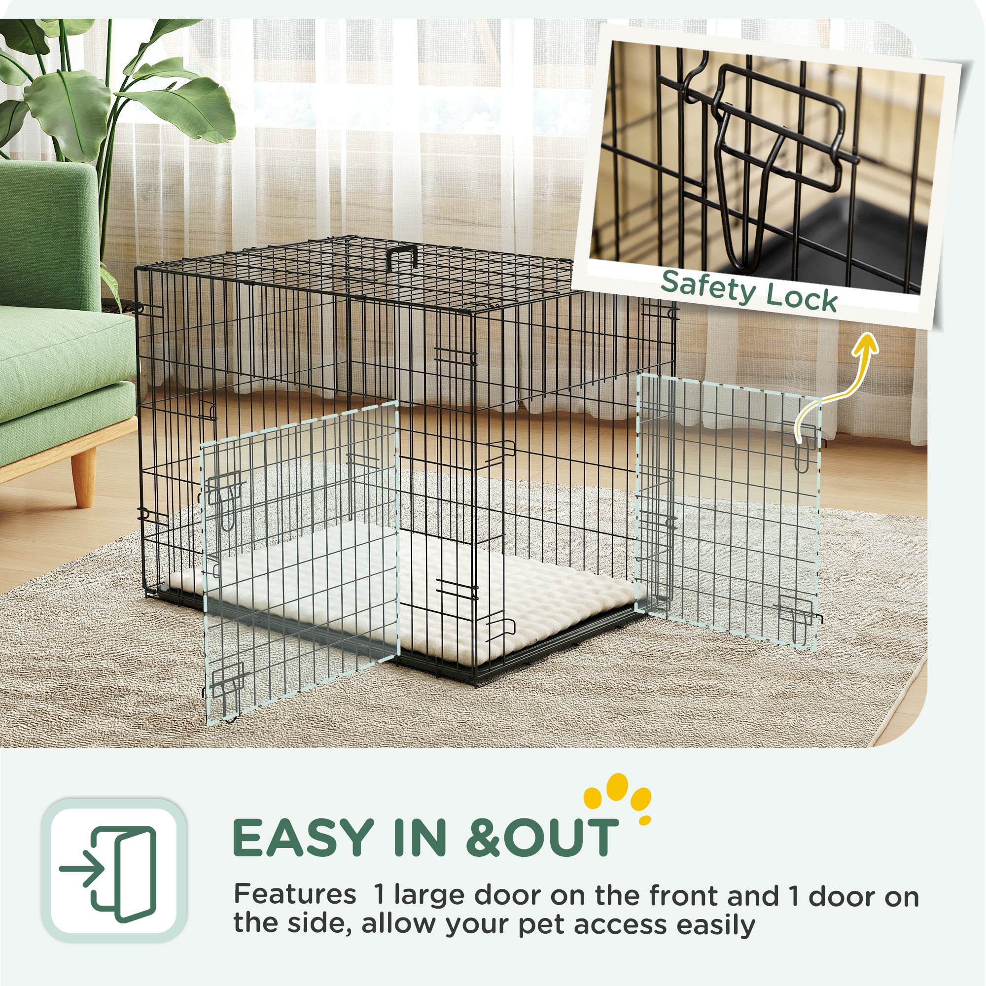 PawHut Dog Crate, Folding Metal Dog Cage with Two Doors, Tray, Soft Cushion, for Small Dogs, 91 x 62 x 68 cm, Black