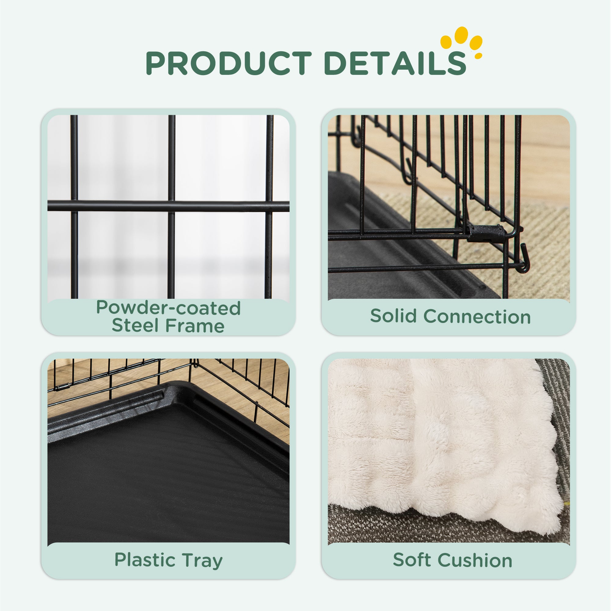 PawHut Dog Crate, Folding Metal Dog Cage with Two Doors, Tray, Soft Cushion, for Small Dogs, 91 x 62 x 68 cm, Black