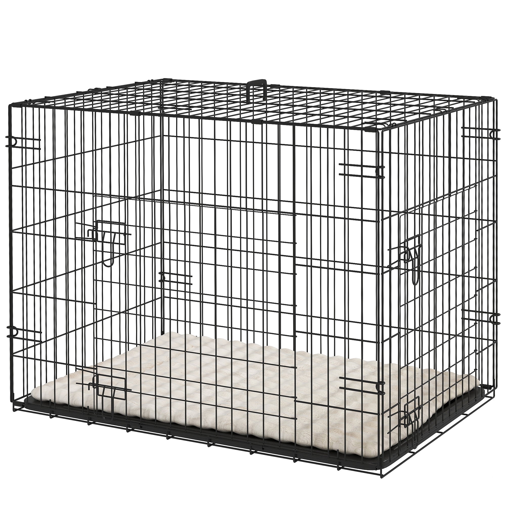 PawHut Dog Crate, Folding Metal Dog Cage with Two Doors, Tray, Soft Cushion, for Small Dogs, 91 x 62 x 68 cm, Black