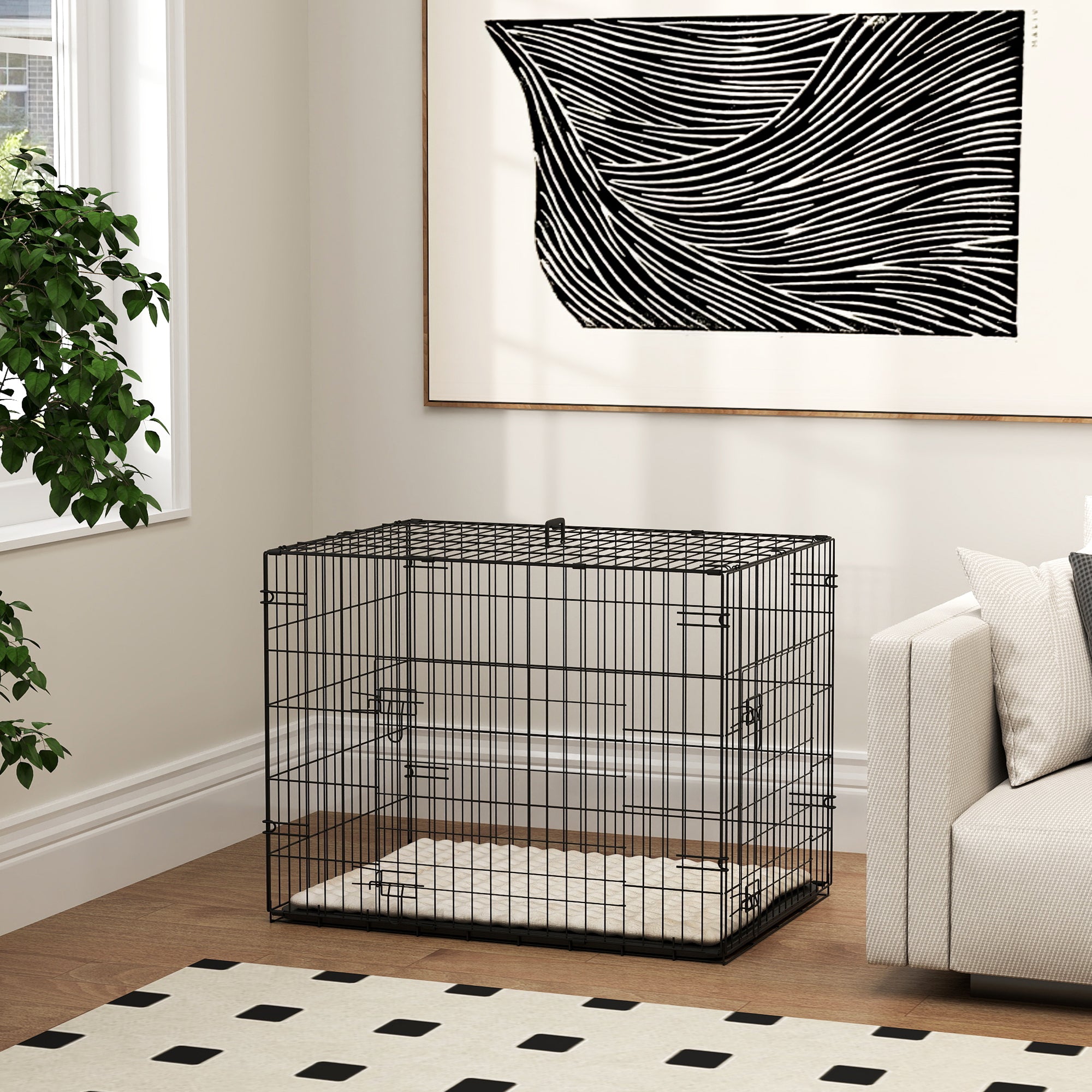PawHut Dog Crate, Folding Metal Dog Cage with Two Doors, Tray, Soft Cushion, for Small Dogs, 91 x 62 x 68 cm, Black