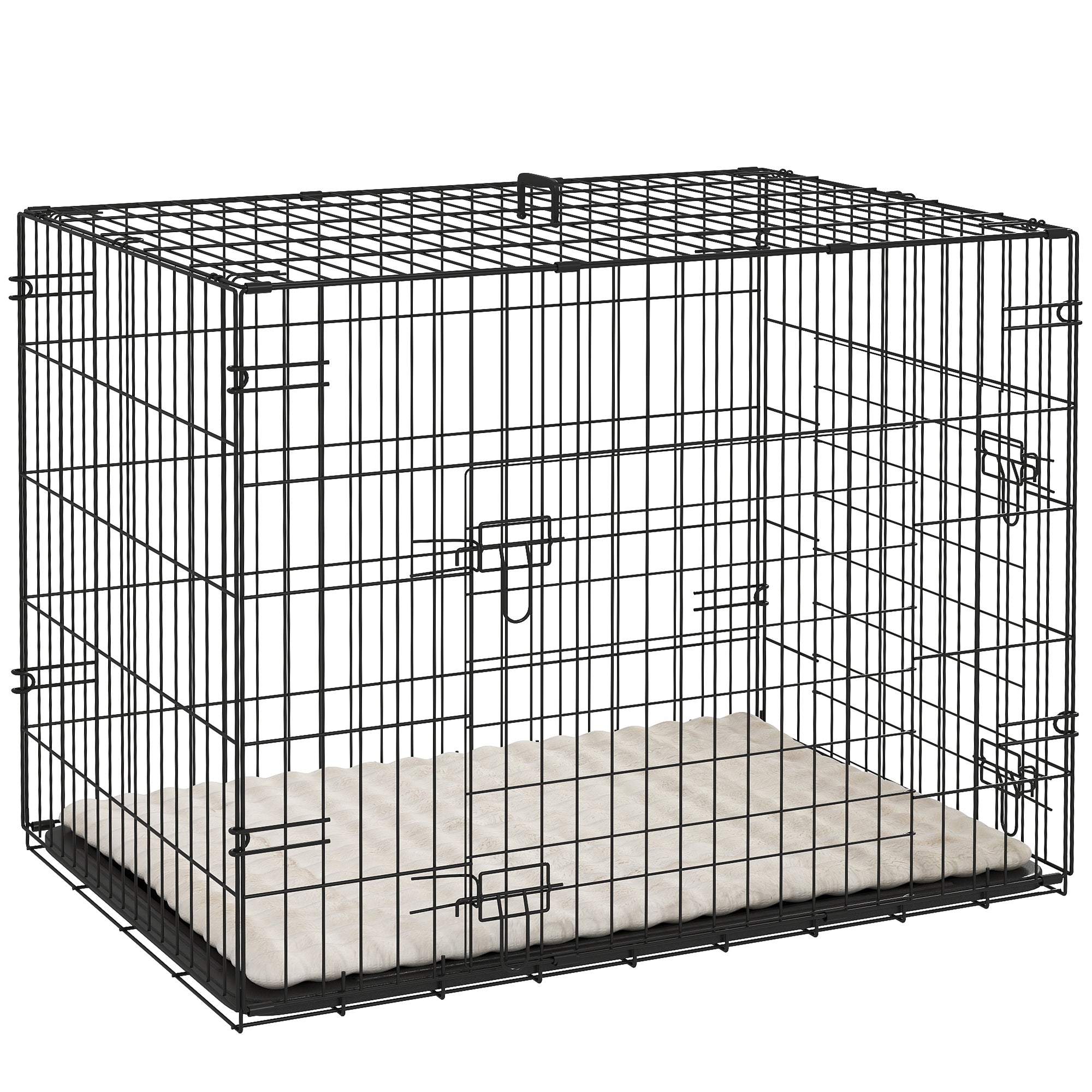 PawHut Dog Crate, Folding Metal Dog Cage with Two Doors, Tray, Soft Cushion, for Small Dogs, 91 x 62 x 68 cm, Black