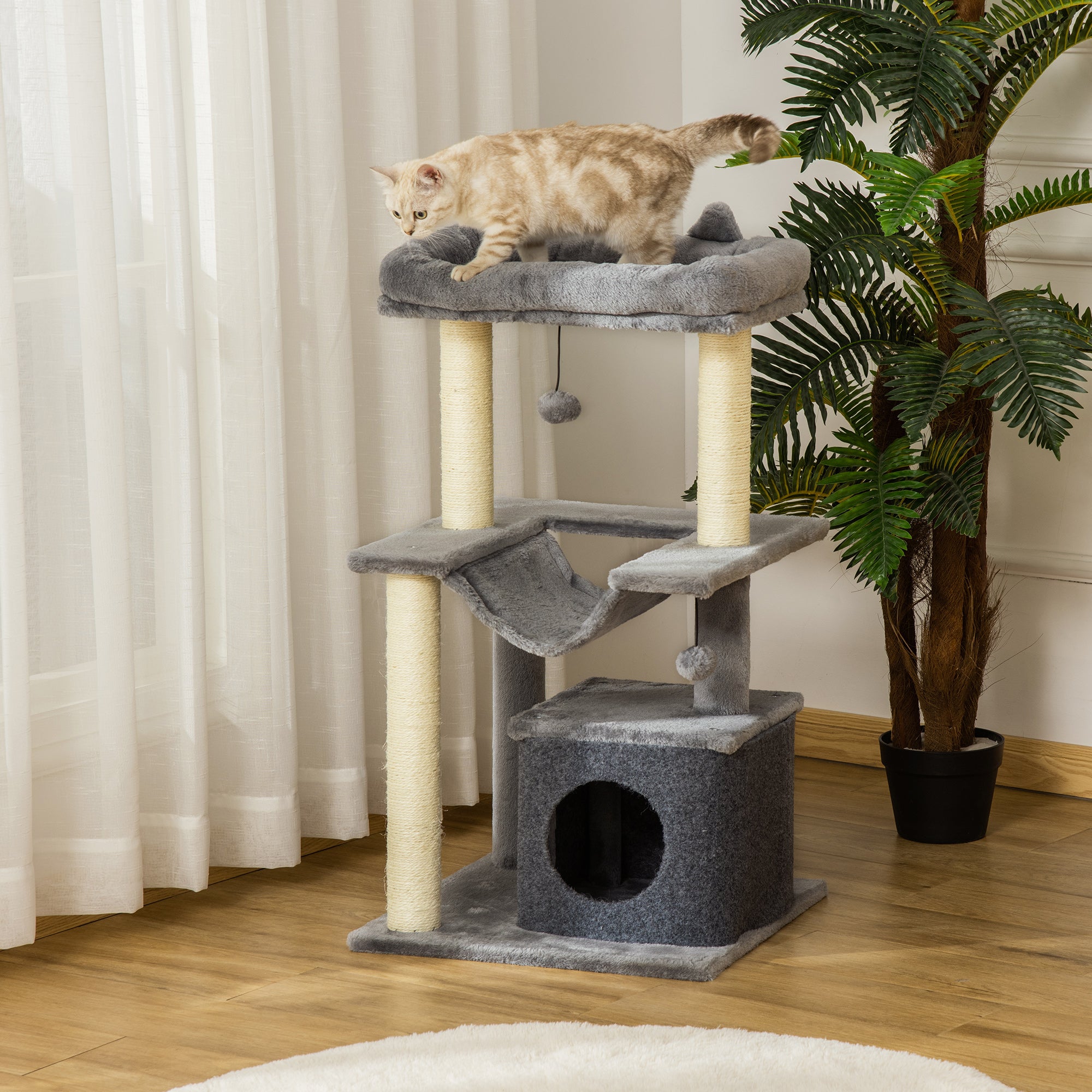 PawHut Cat Tree Tower Multi-Level Kitten House with Scratching Post Condo Hammock Bed Ball Toy - 19 x 19 x 35.5 Inches, Gray