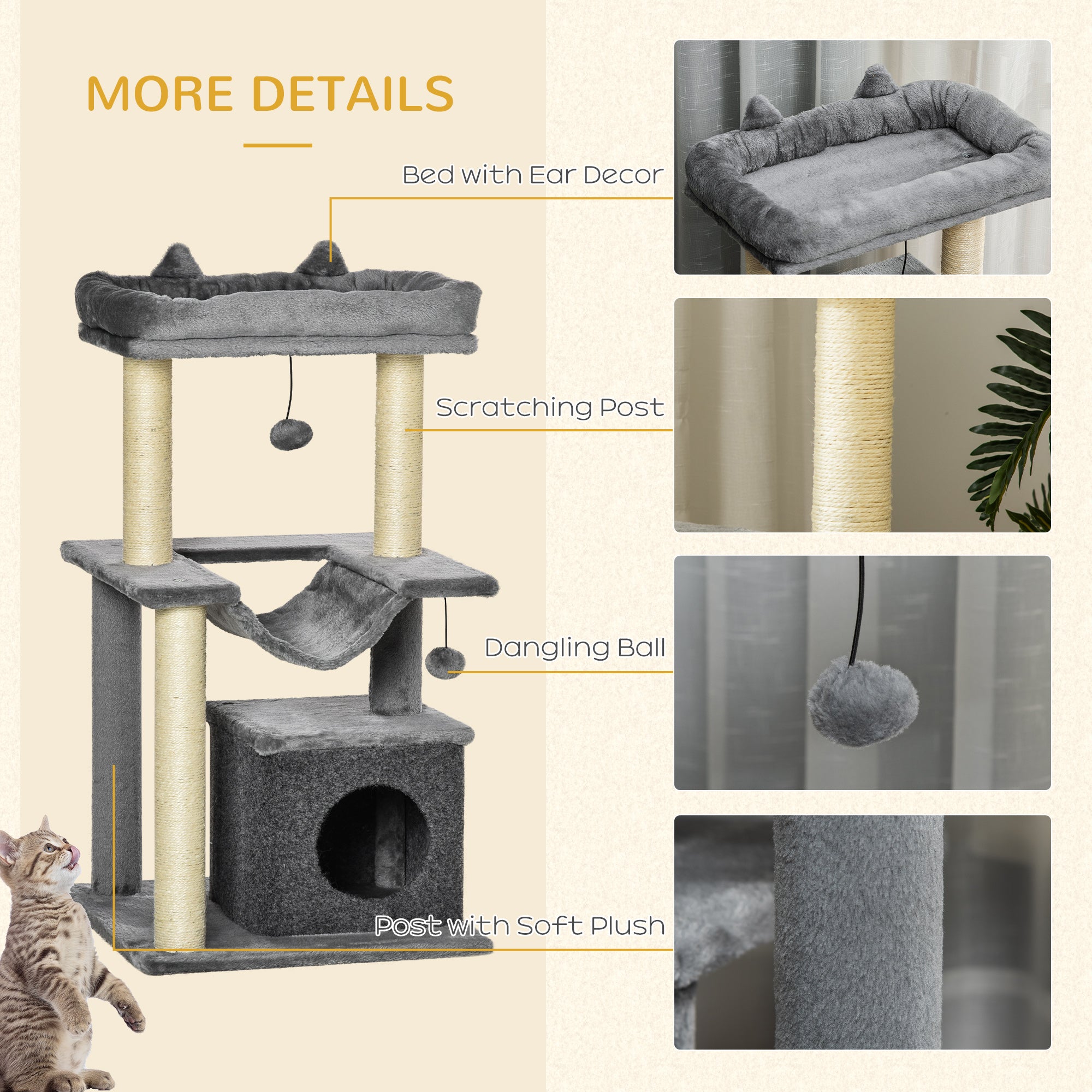 PawHut Cat Tree Tower Multi-Level Kitten House with Scratching Post Condo Hammock Bed Ball Toy - 19 x 19 x 35.5 Inches, Gray