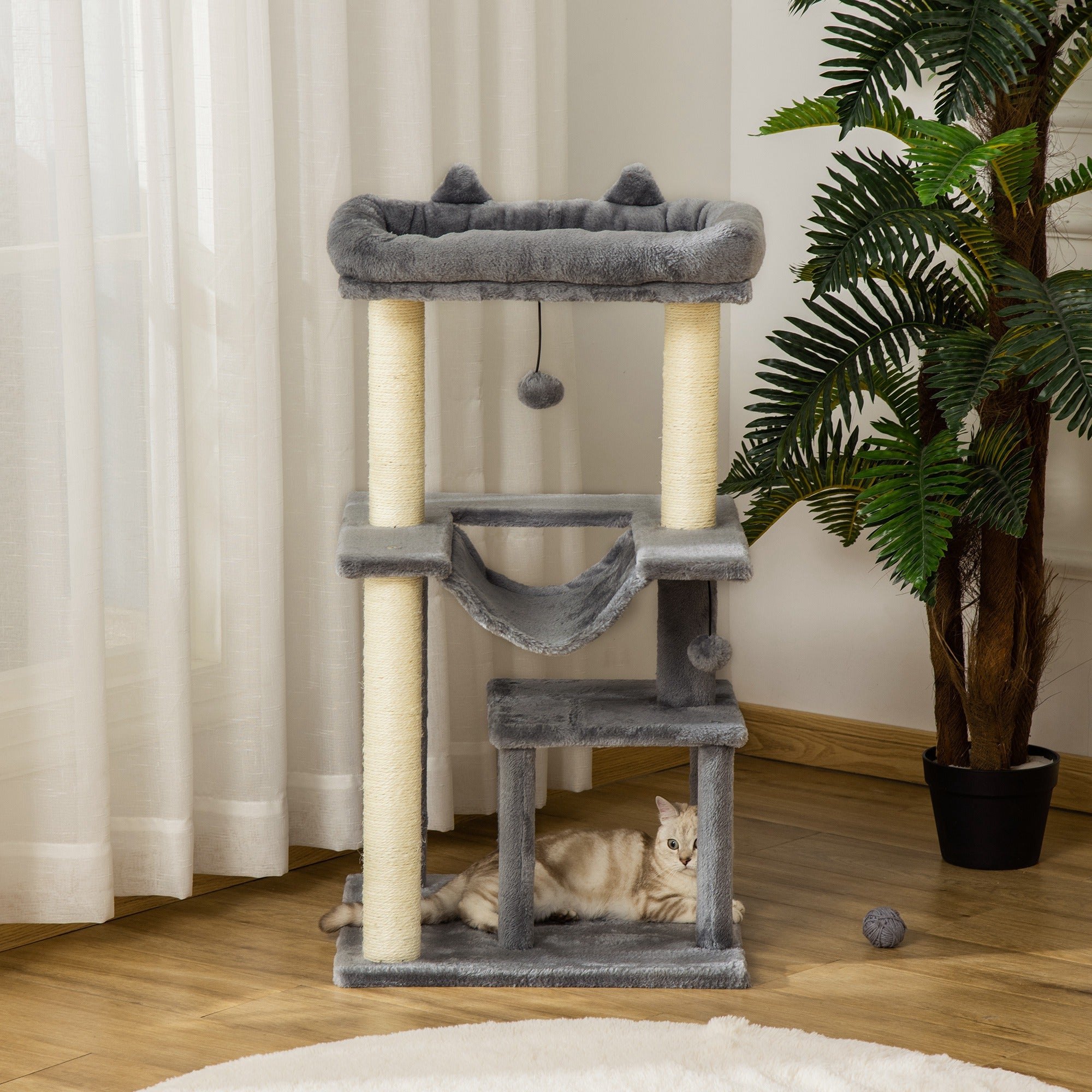 PawHut Cat Tree Tower Multi-Level Kitten House with Scratching Post Condo Hammock Bed Ball Toy - 19 x 19 x 35.5 Inches, Gray