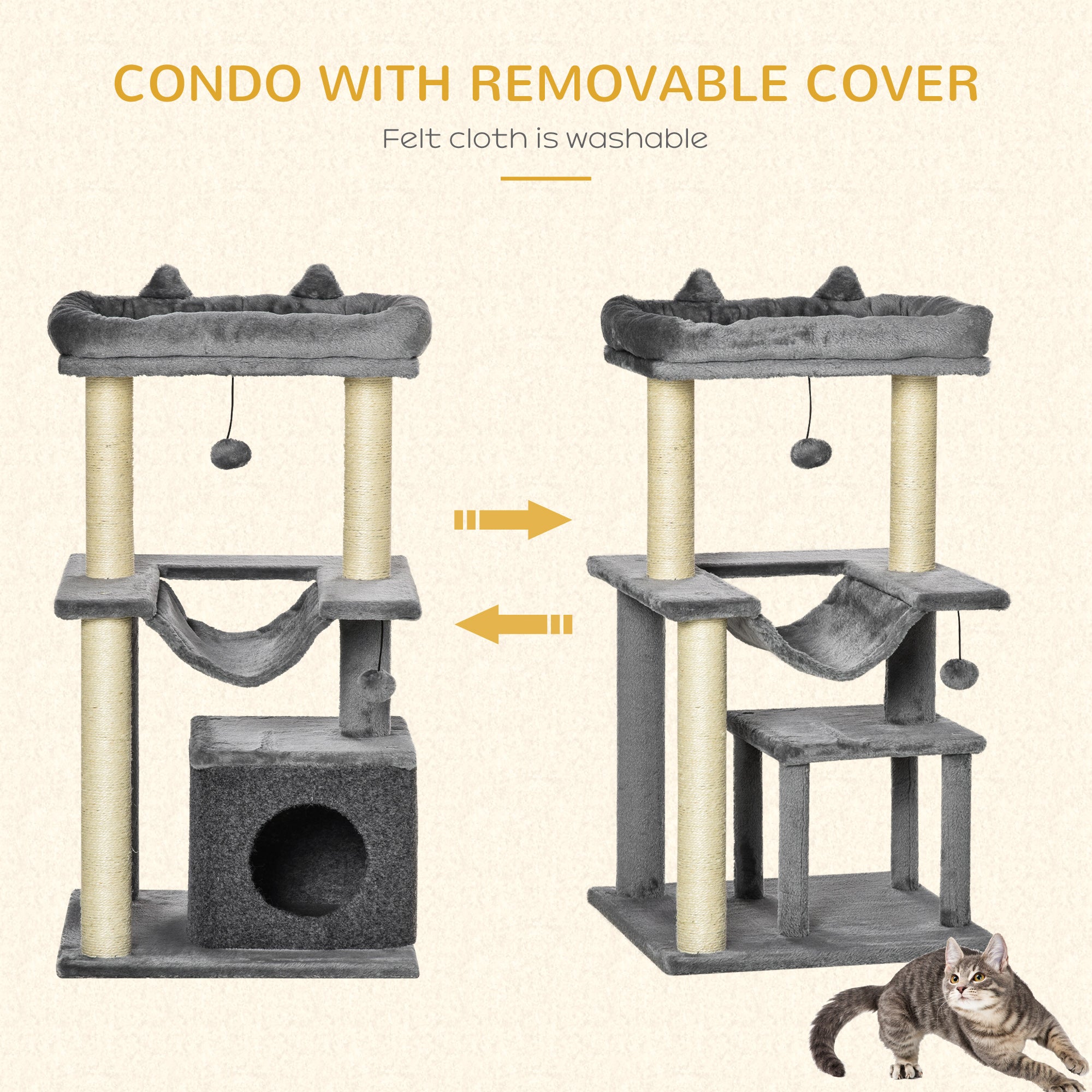 PawHut Cat Tree Tower Multi-Level Kitten House with Scratching Post Condo Hammock Bed Ball Toy - 19 x 19 x 35.5 Inches, Gray