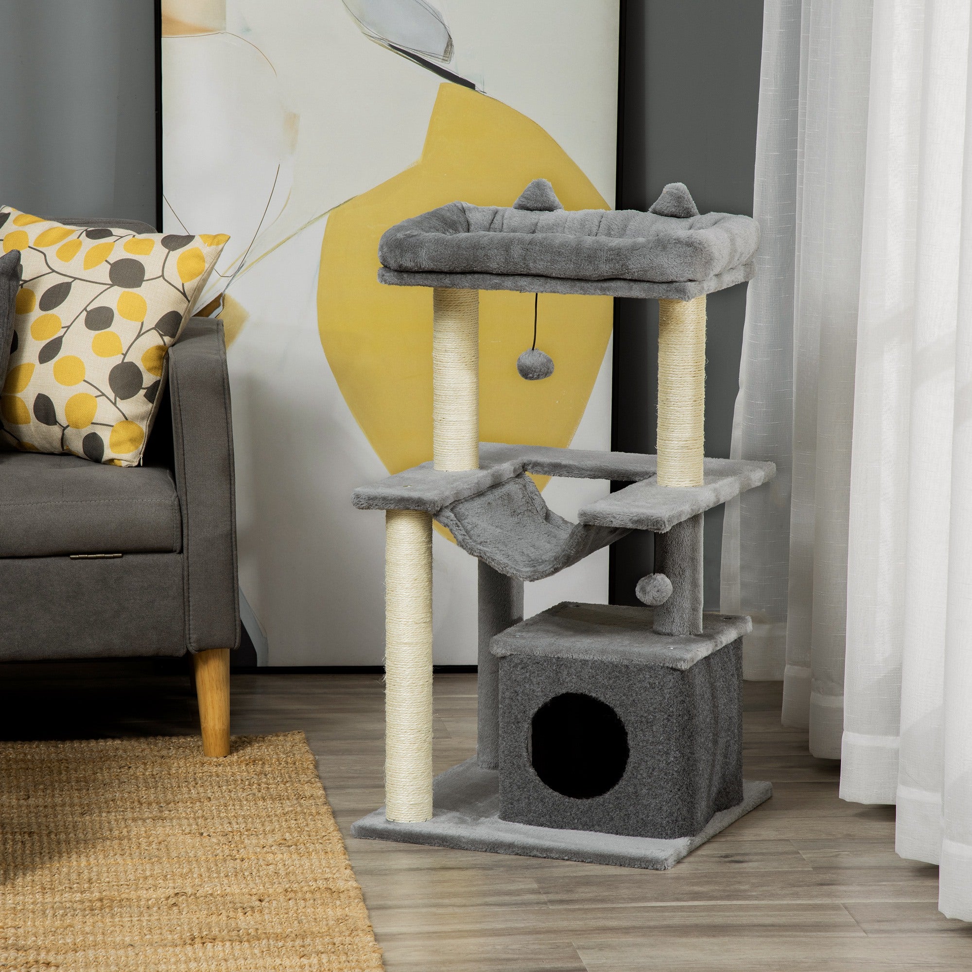 PawHut Cat Tree Tower Multi-Level Kitten House with Scratching Post Condo Hammock Bed Ball Toy - 19 x 19 x 35.5 Inches, Gray