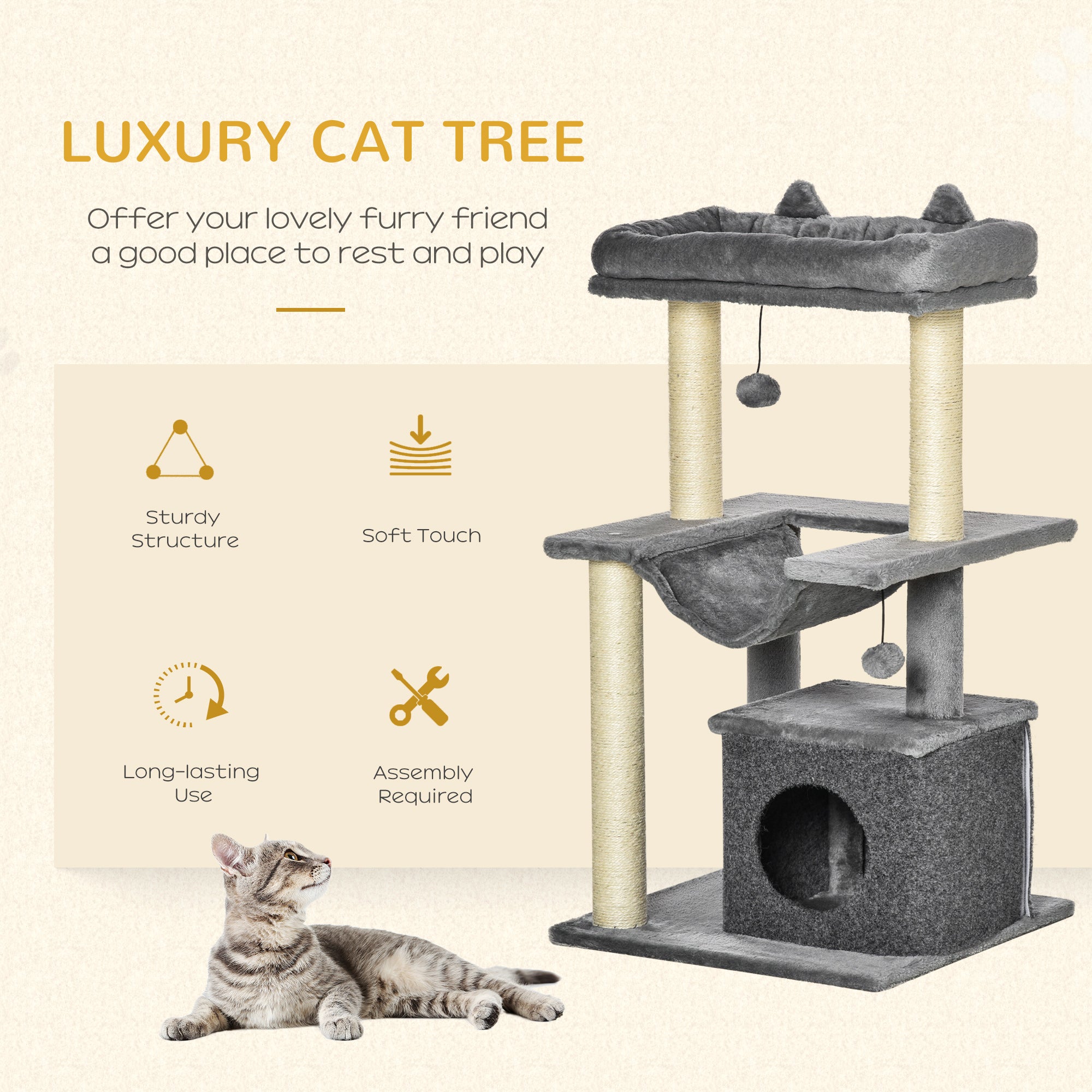 PawHut Cat Tree Tower Multi-Level Kitten House with Scratching Post Condo Hammock Bed Ball Toy - 19 x 19 x 35.5 Inches, Gray
