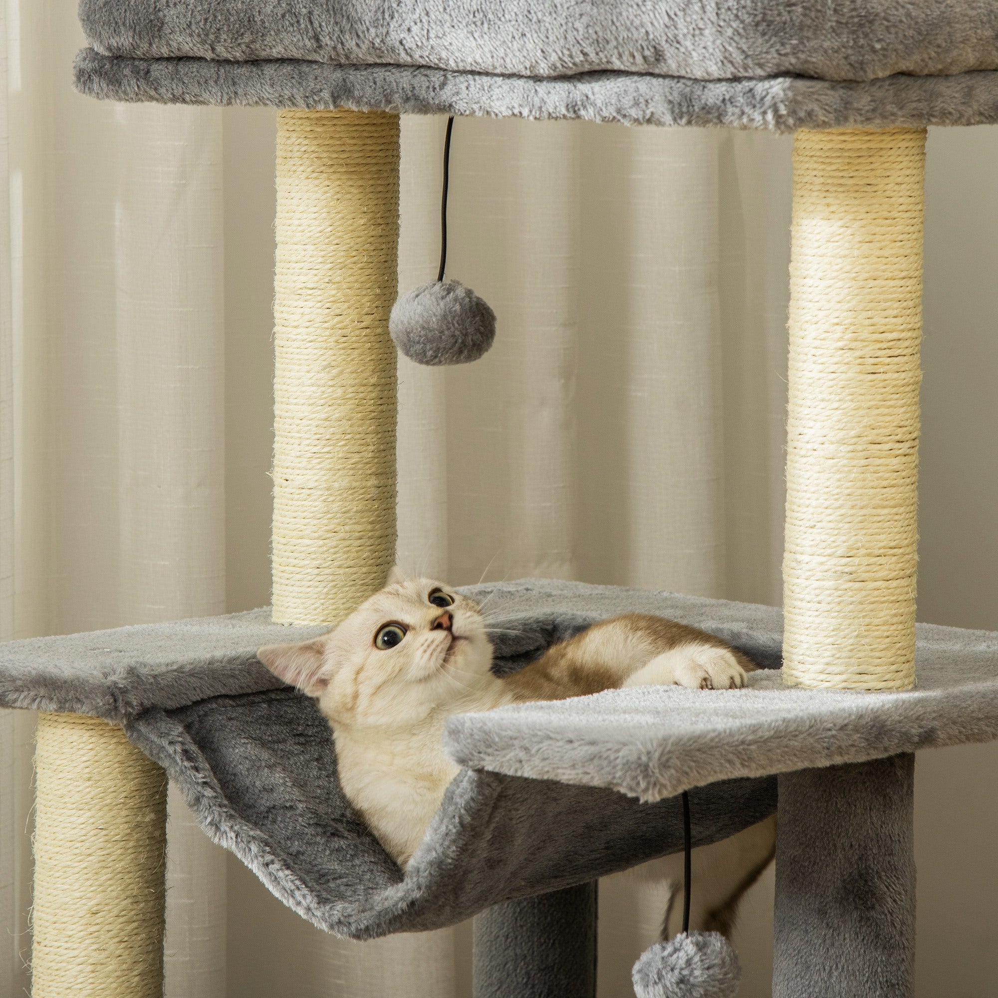 PawHut Cat Tree Tower Multi-Level Kitten House with Scratching Post Condo Hammock Bed Ball Toy - 19 x 19 x 35.5 Inches, Gray
