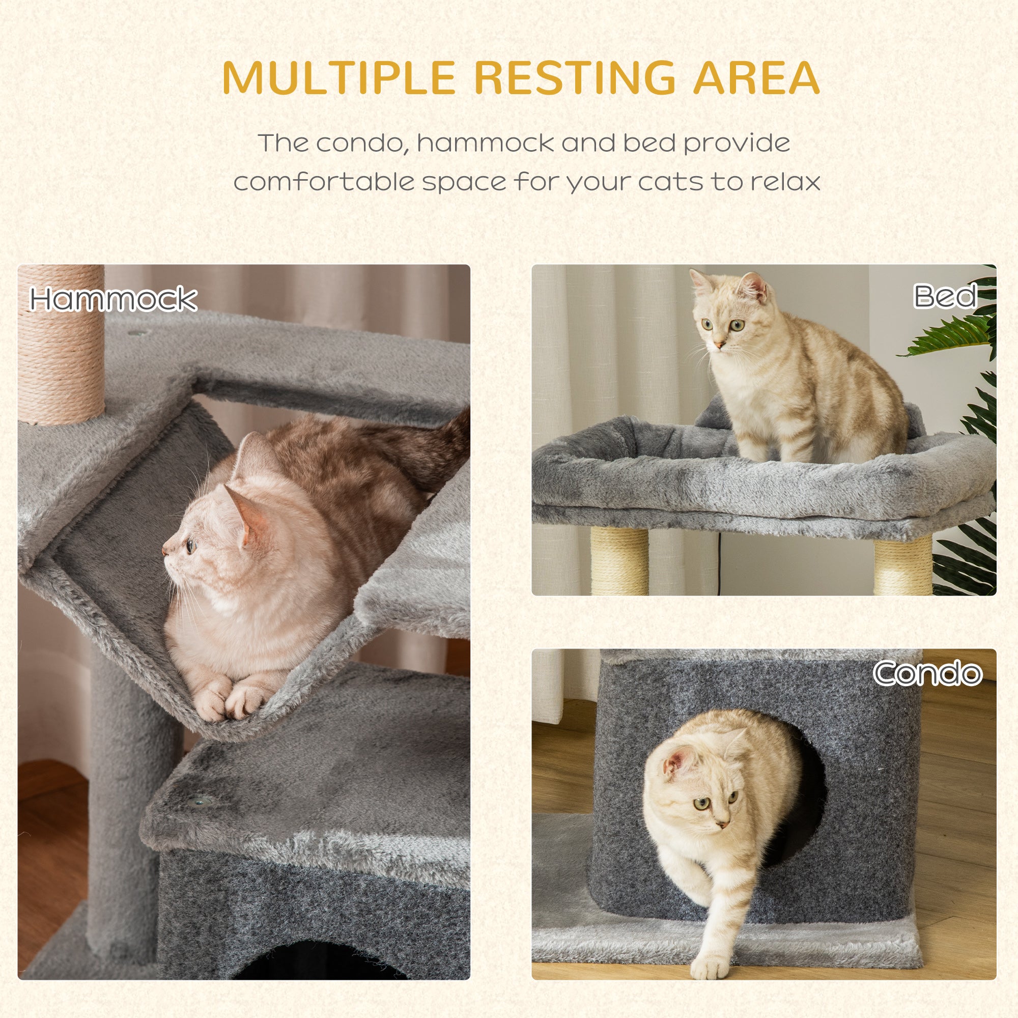 PawHut Cat Tree Tower Multi-Level Kitten House with Scratching Post Condo Hammock Bed Ball Toy - 19 x 19 x 35.5 Inches, Gray