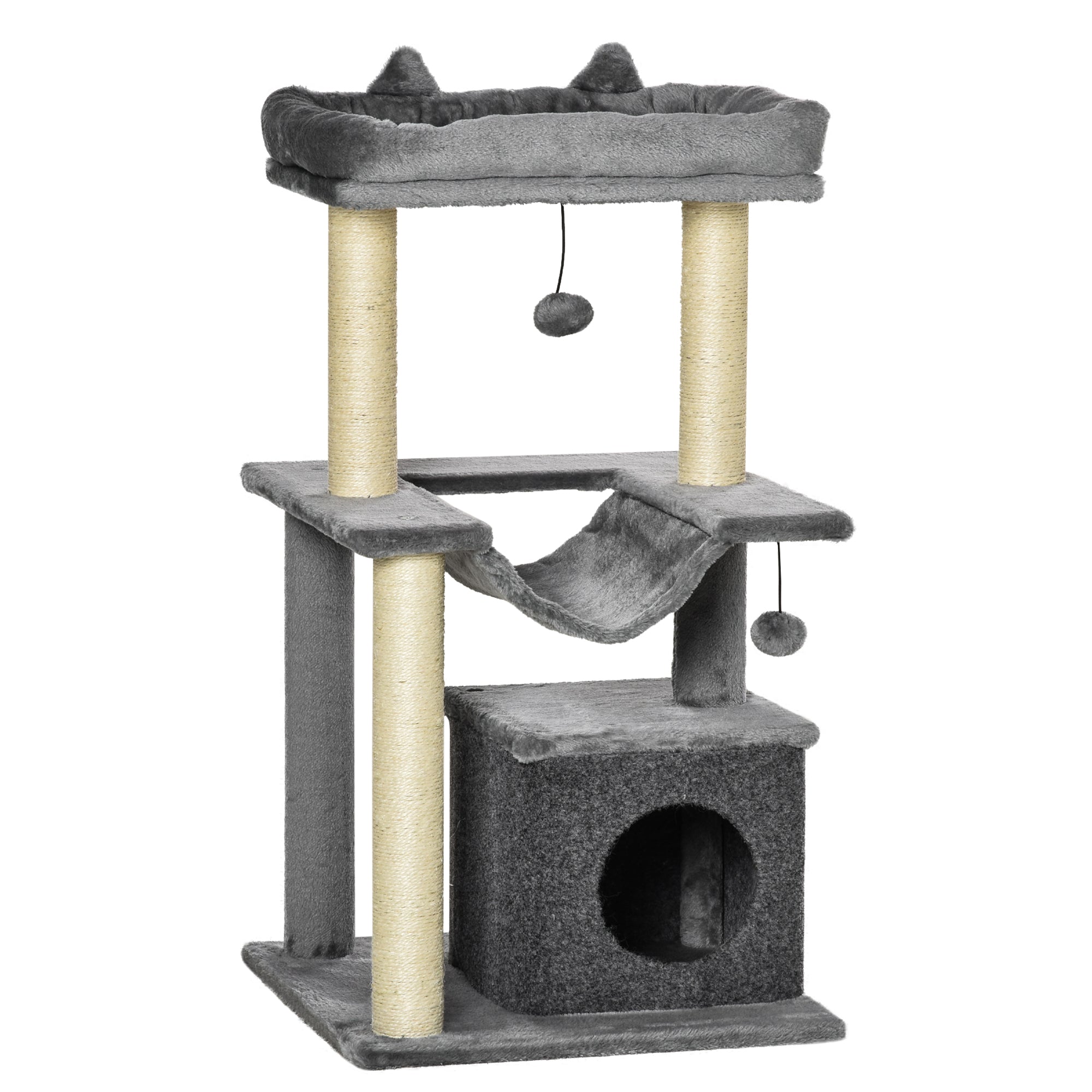 PawHut Cat Tree Tower Multi-Level Kitten House with Scratching Post Condo Hammock Bed Ball Toy - 19 x 19 x 35.5 Inches, Gray