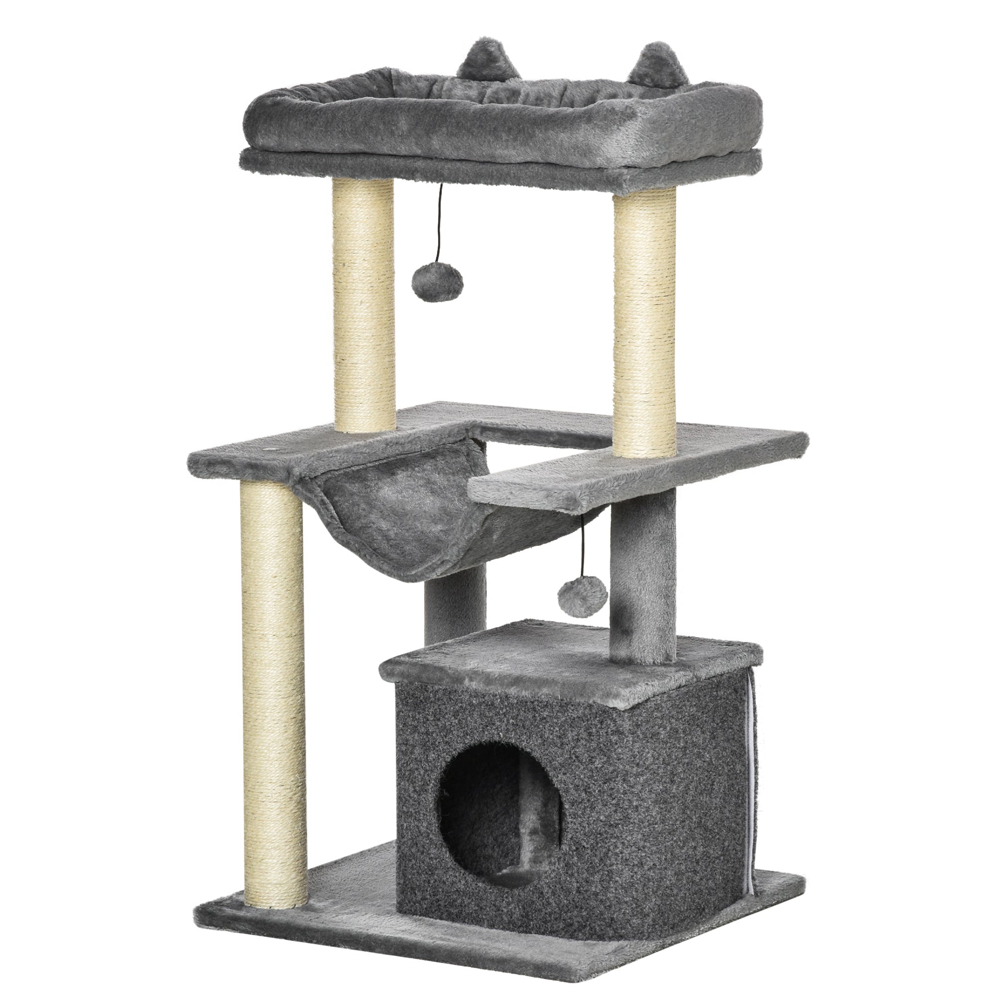 PawHut Cat Tree Tower Multi-Level Kitten House with Scratching Post Condo Hammock Bed Ball Toy - 19 x 19 x 35.5 Inches, Gray