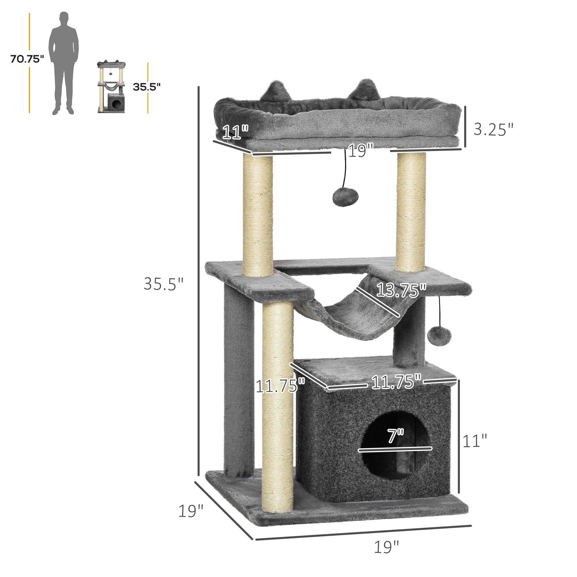 PawHut Cat Tree Tower Multi-Level Kitten House with Scratching Post Condo Hammock Bed Ball Toy - 19 x 19 x 35.5 Inches, Gray