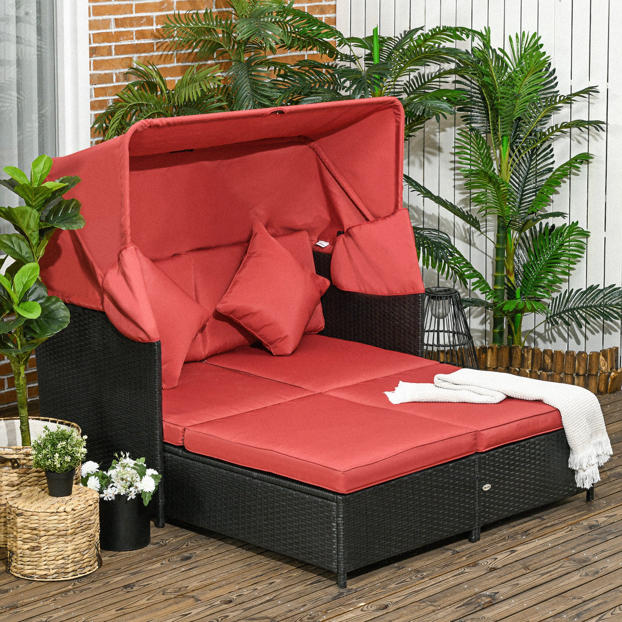 Outsunny Patio Daybed, Outdoor Wicker Double Daybed, PE Rattan Sun Lounger for 2-Person with Cushions, and Foldable Awning, for Garden, Balcony, Poolside, Red