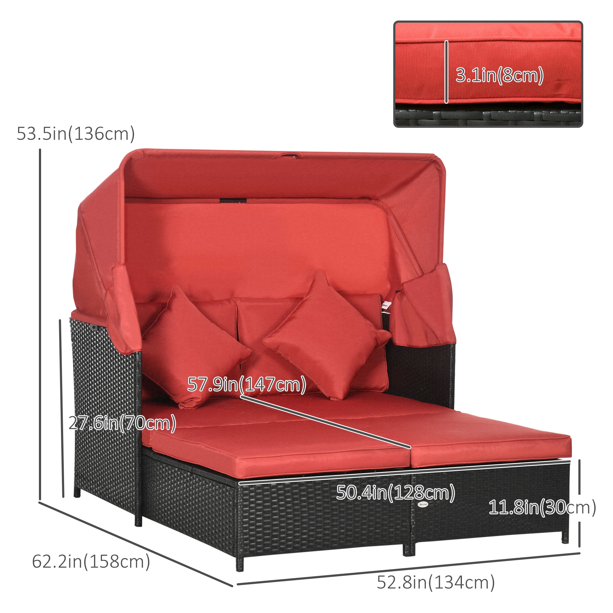 Outsunny Patio Daybed, Outdoor Wicker Double Daybed, PE Rattan Sun Lounger for 2-Person with Cushions, and Foldable Awning, for Garden, Balcony, Poolside, Red