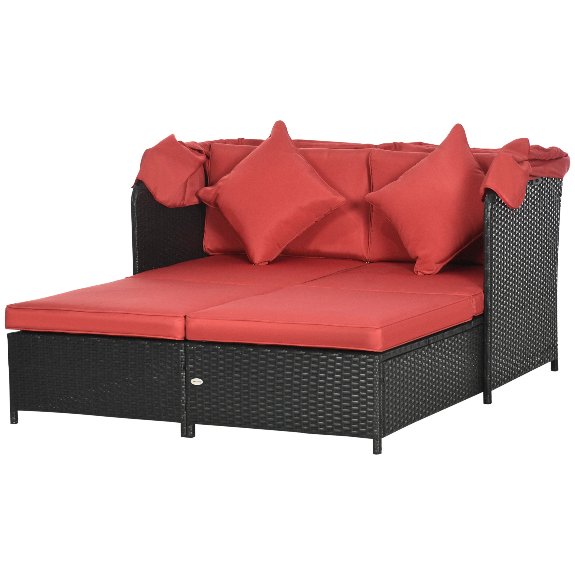 Outsunny Patio Daybed, Outdoor Wicker Double Daybed, PE Rattan Sun Lounger for 2-Person with Cushions, and Foldable Awning, for Garden, Balcony, Poolside, Red