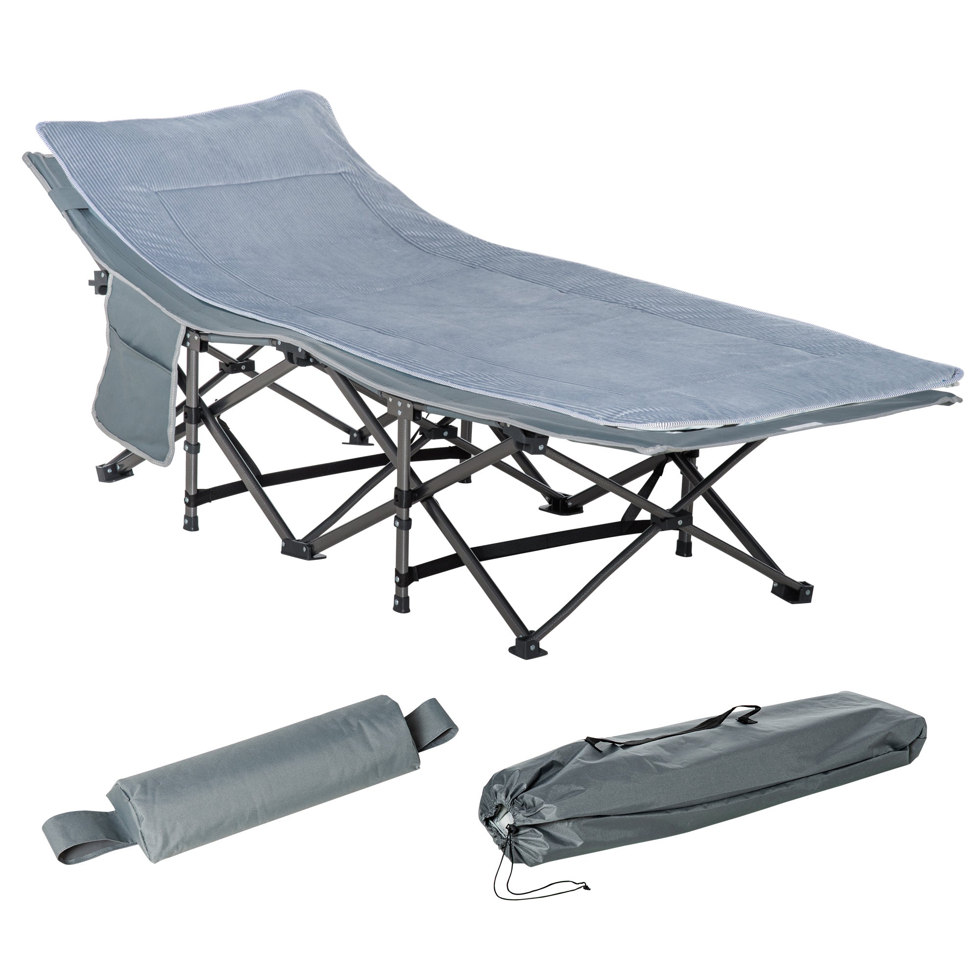Outsunny Folding Camping Cot for Adults with Mattress & Pillow, Double Layer Oxford Heavy Duty Sleeping Cot with Carry Bag, Portable Travel Camp Cots for Indoor Outdoor, Dark Grey