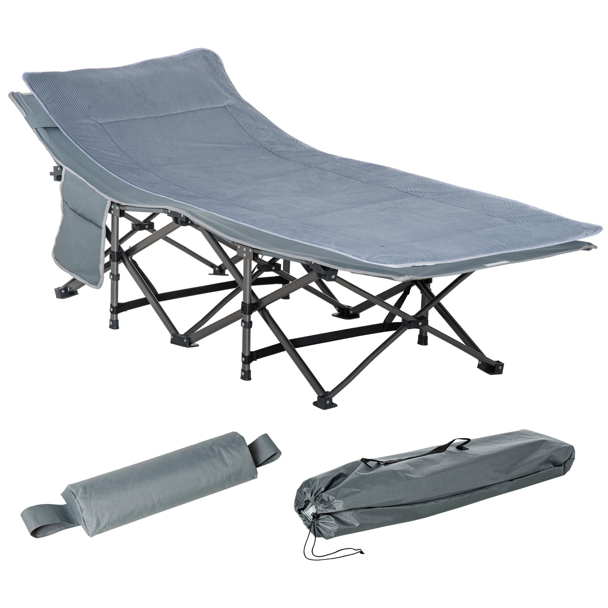 Outsunny Folding Camping Cot for Adults with Mattress & Pillow, Double Layer Oxford Heavy Duty Sleeping Cot with Carry Bag, Portable Travel Camp Cots for Indoor Outdoor, Dark Grey