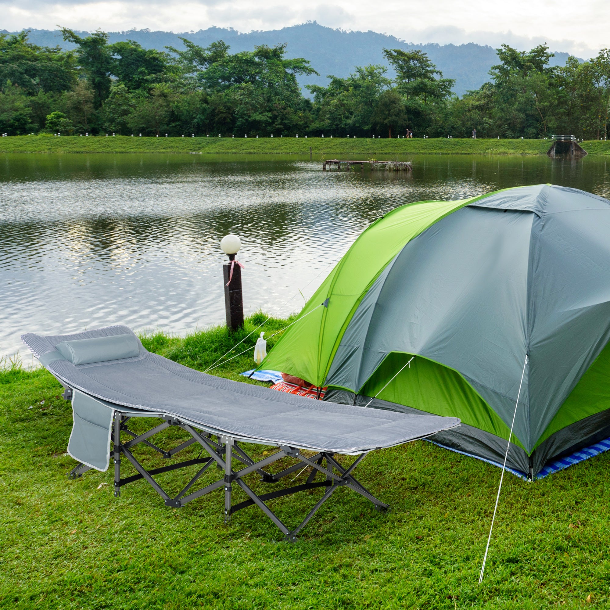 Outsunny Folding Camping Cot for Adults with Mattress & Pillow, Double Layer Oxford Heavy Duty Sleeping Cot with Carry Bag, Portable Travel Camp Cots for Indoor Outdoor, Dark Grey