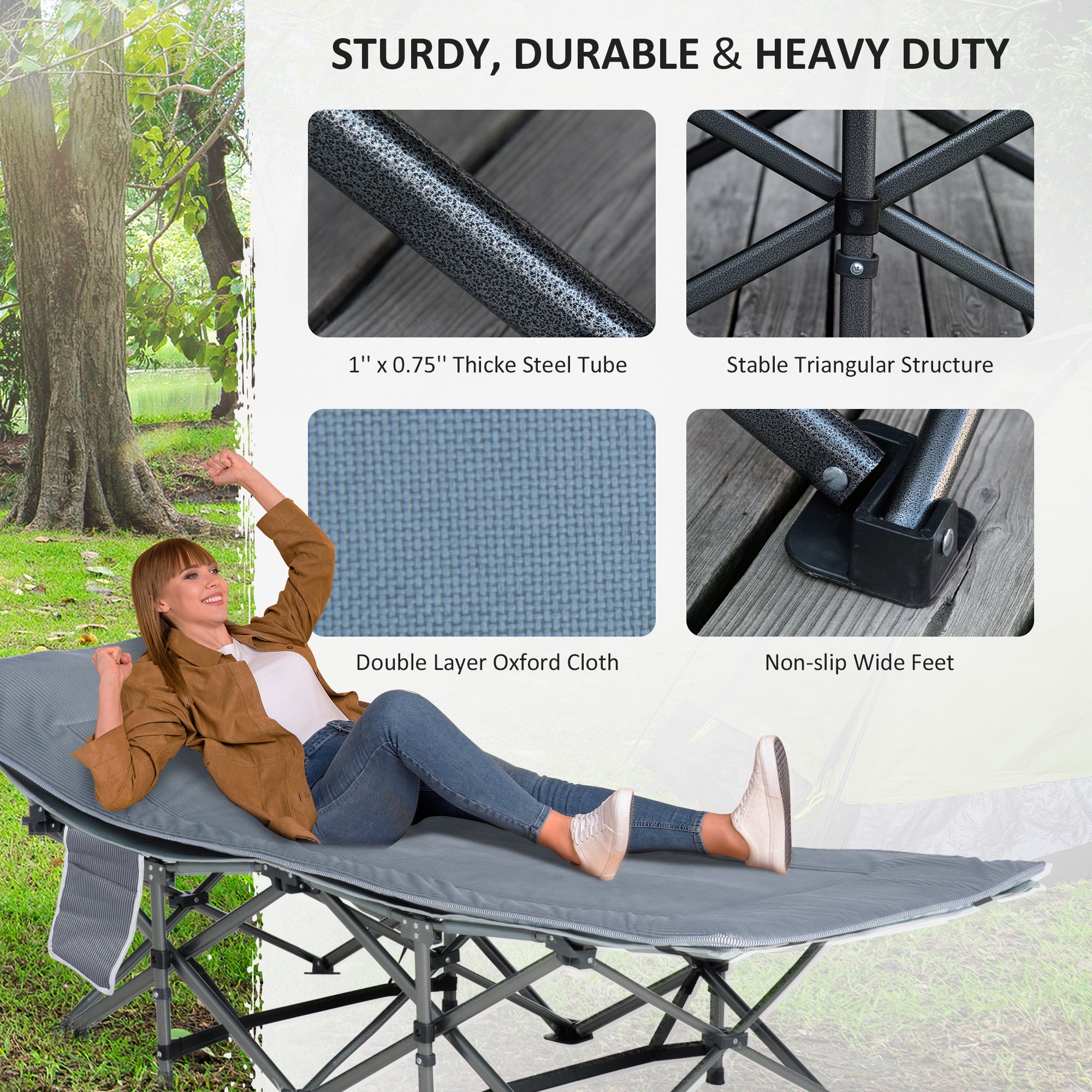 Outsunny Folding Camping Cot for Adults with Mattress & Pillow, Double Layer Oxford Heavy Duty Sleeping Cot with Carry Bag, Portable Travel Camp Cots for Indoor Outdoor, Dark Grey
