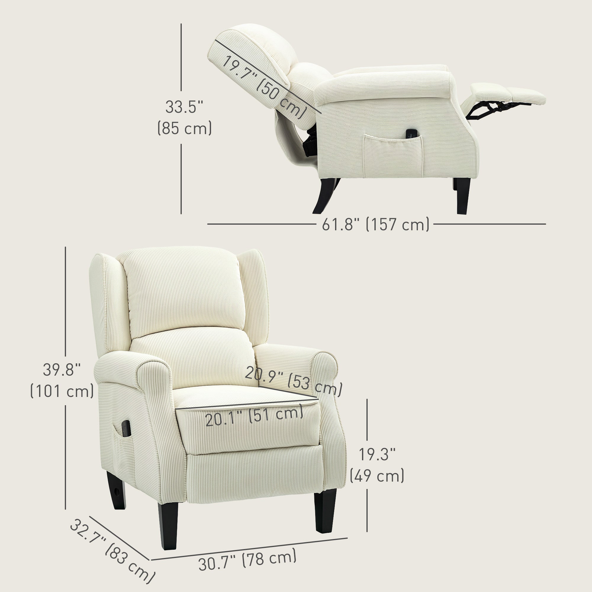 HOMCOM Massage Recliner Chair for Living Room, Push Back Recliner Sofa, Wingback Reclining Chair with Extendable Footrest, Remote Control, Side Pockets, Cream White