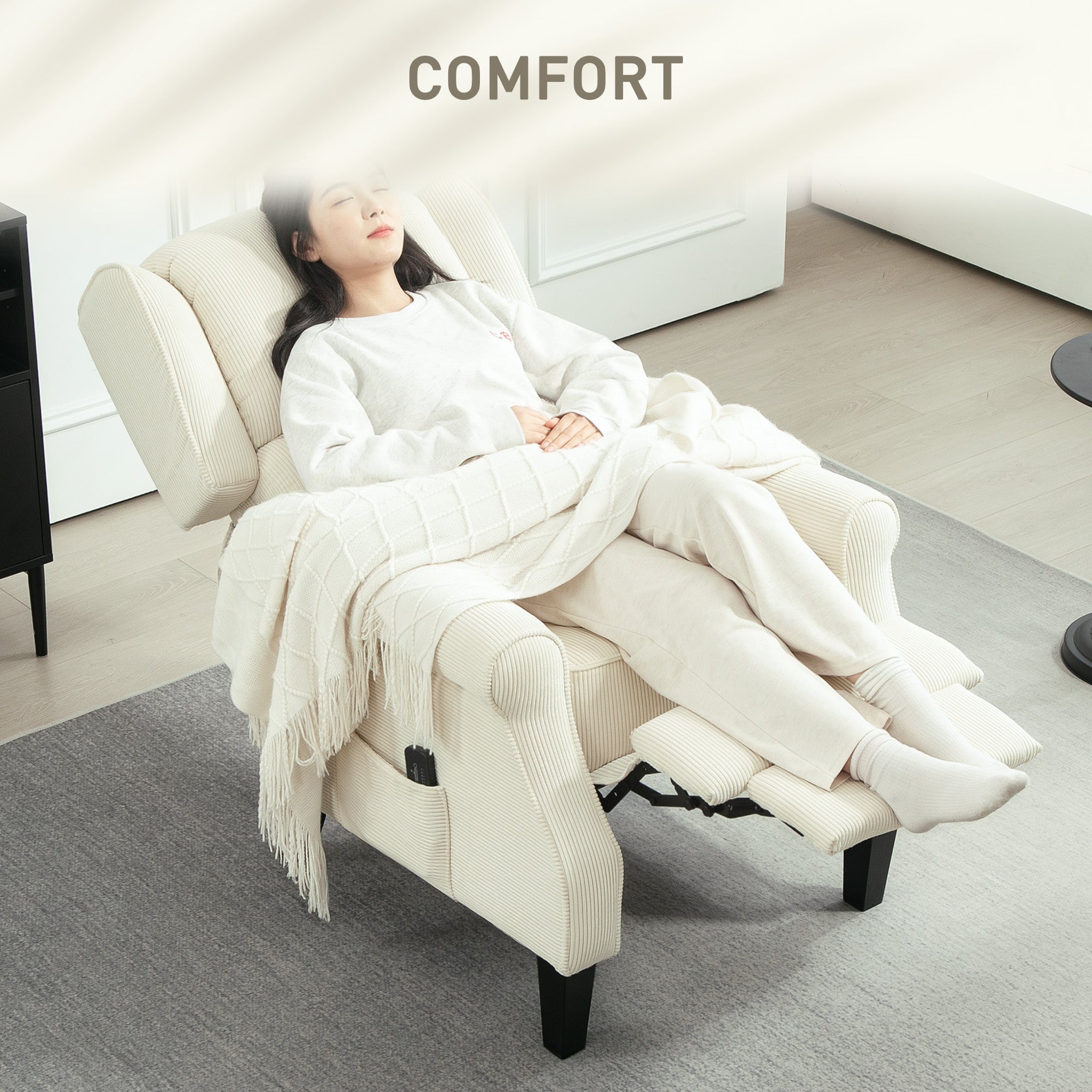 HOMCOM Massage Recliner Chair for Living Room, Push Back Recliner Sofa, Wingback Reclining Chair with Extendable Footrest, Remote Control, Side Pockets, Cream White
