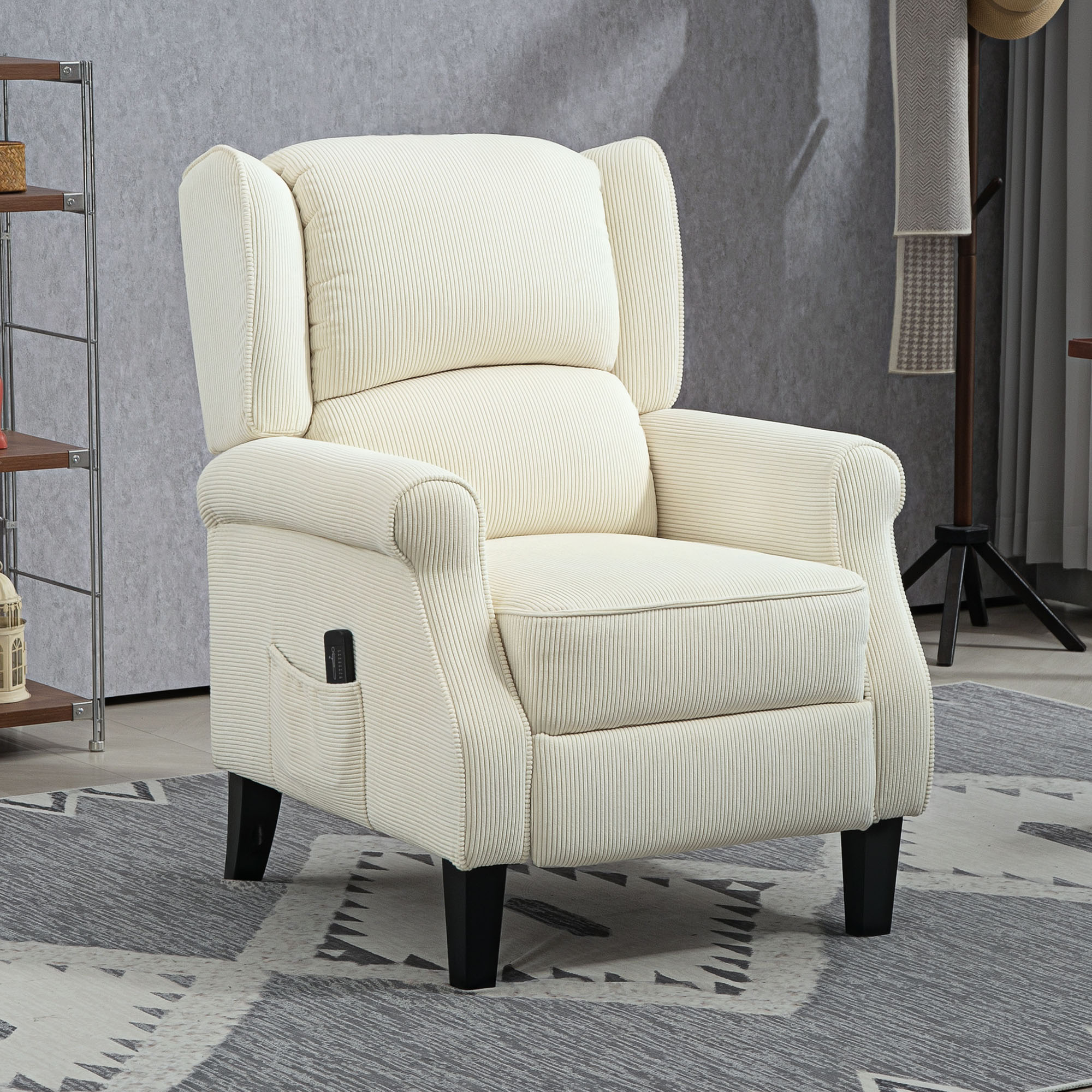 HOMCOM Massage Recliner Chair for Living Room, Push Back Recliner Sofa, Wingback Reclining Chair with Extendable Footrest, Remote Control, Side Pockets, Cream White