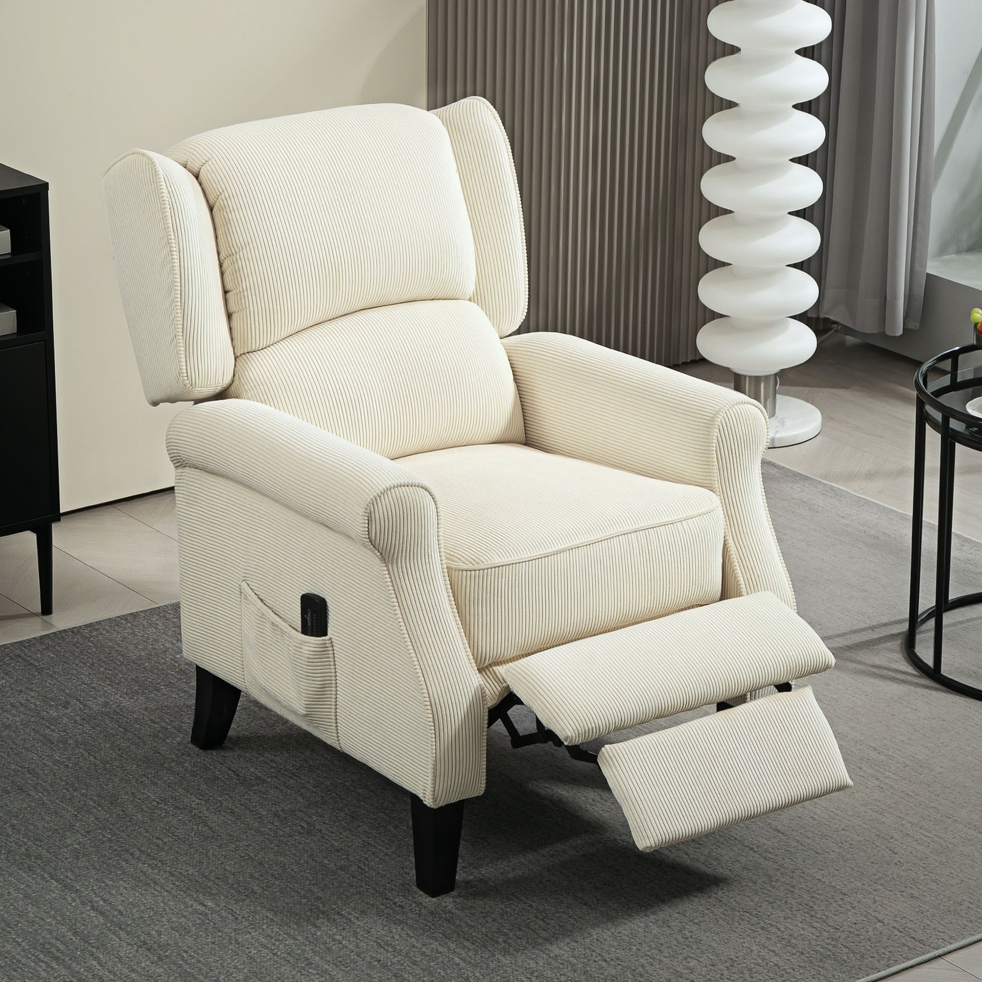 HOMCOM Massage Recliner Chair for Living Room, Push Back Recliner Sofa, Wingback Reclining Chair with Extendable Footrest, Remote Control, Side Pockets, Cream White