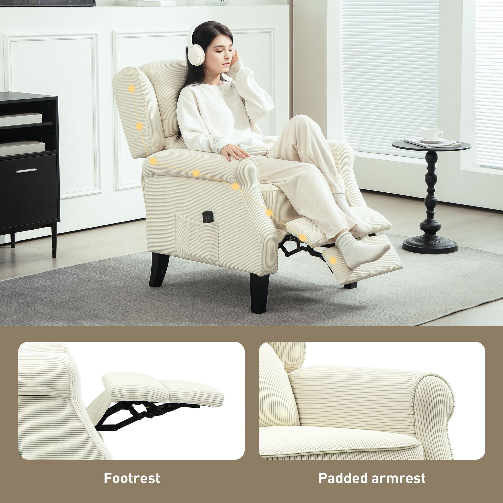 HOMCOM Massage Recliner Chair for Living Room, Push Back Recliner Sofa, Wingback Reclining Chair with Extendable Footrest, Remote Control, Side Pockets, Cream White