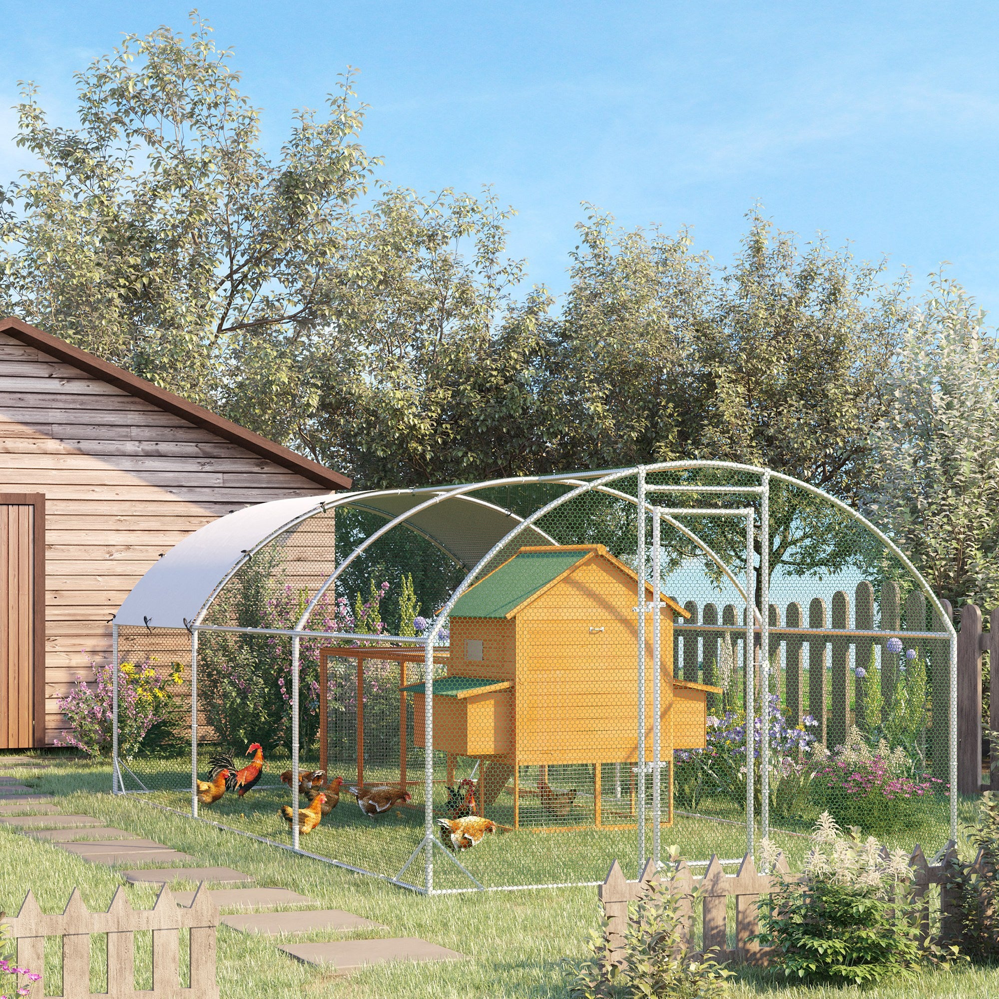 PawHut Walk In Chicken Run Galvanised Chicken Coop Hen Poultry House Cage Rabbit Hutch Pet Playpen Garden with Water-Resist Cover, 5.7 x 2.8 x 2m
