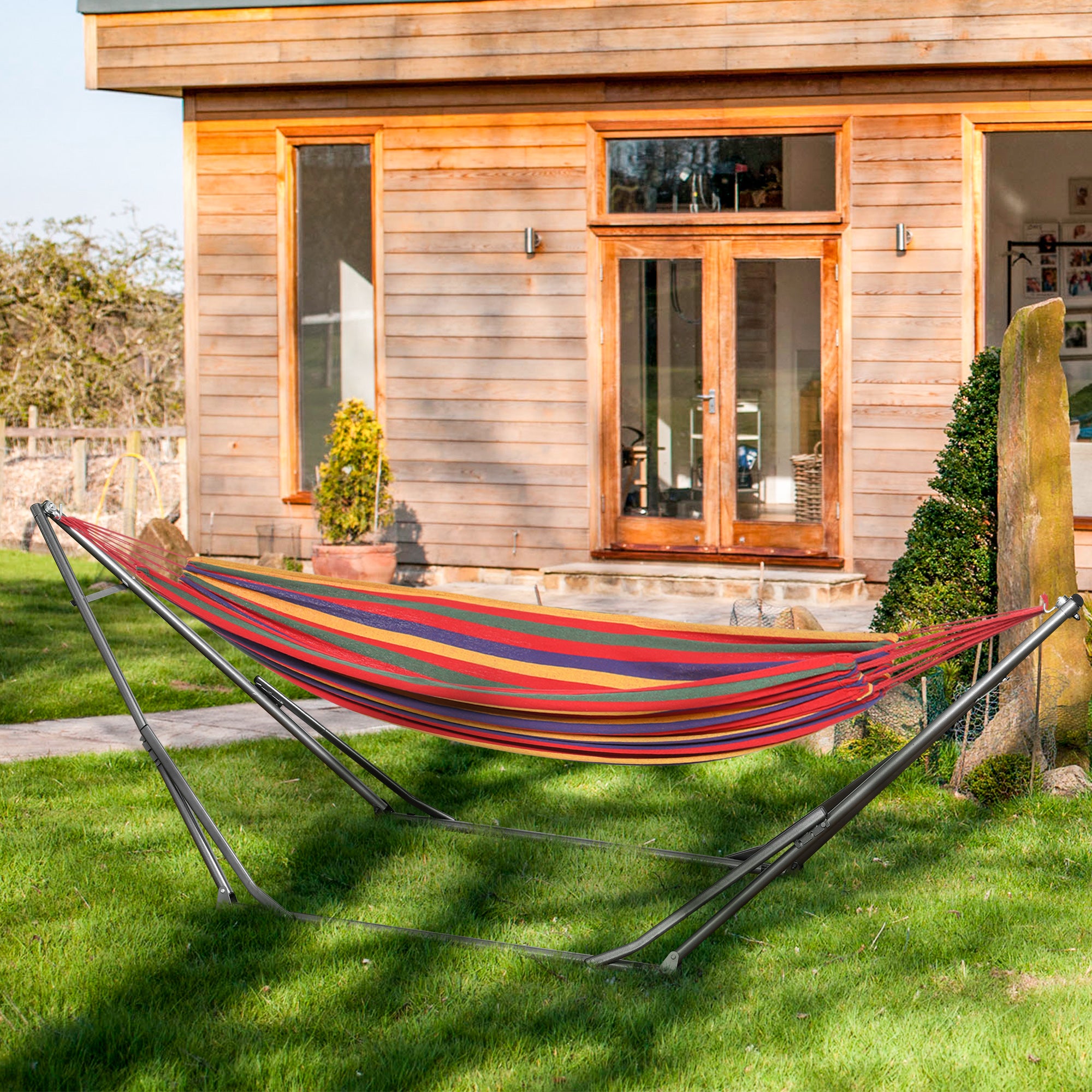 Outsunny Foldable Hammock Stand, Portable Hammock with Steel Frame, 2-in-1 Hammock Net Stand, Hanging Space, Load Capacity 264lb, for Patio, Garden, Yard, Black