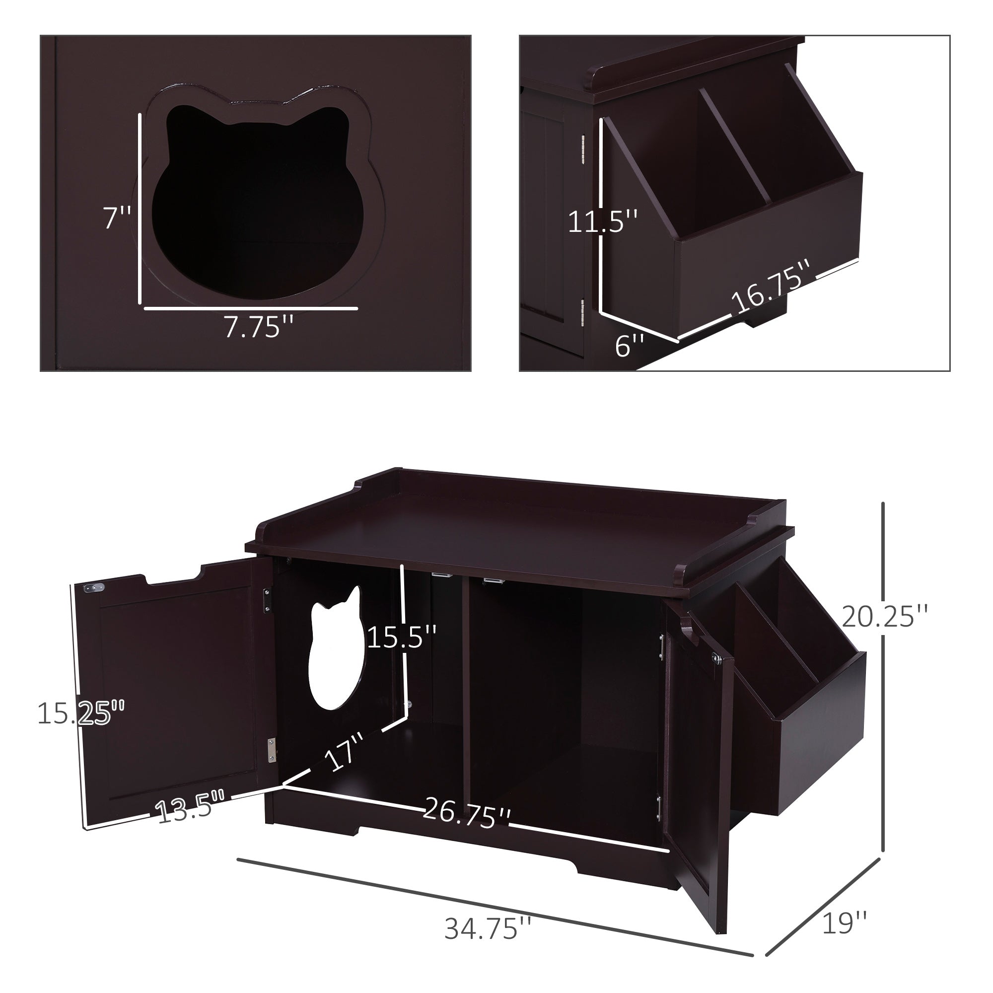 PawHut Wooden Cat Litter Box Enclosure, Hidden Cat Washroom, Kitten House with Nightstand End Table and Storage Rack Magnetic Doors, Brown