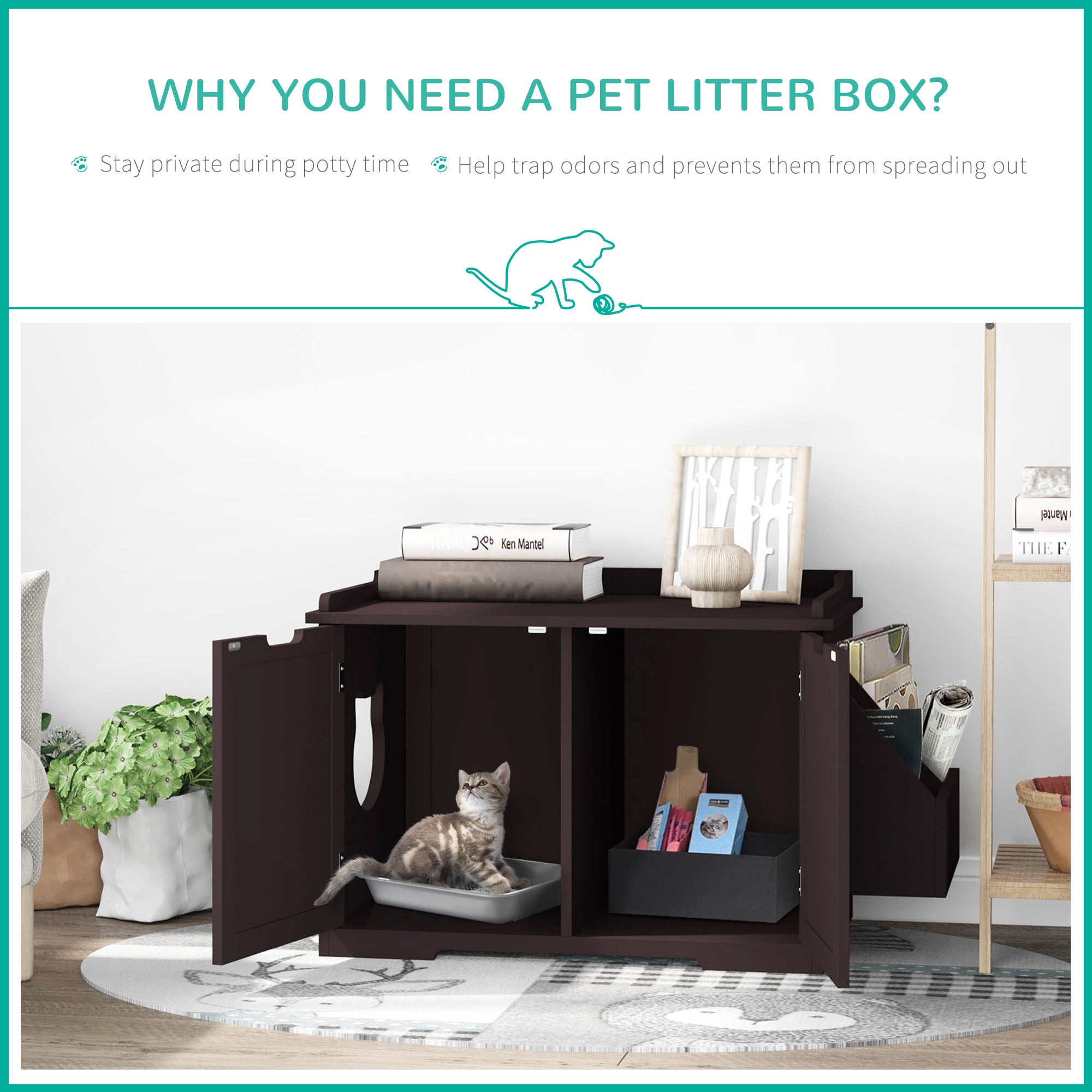 PawHut Wooden Cat Litter Box Enclosure, Hidden Cat Washroom, Kitten House with Nightstand End Table and Storage Rack Magnetic Doors, Brown