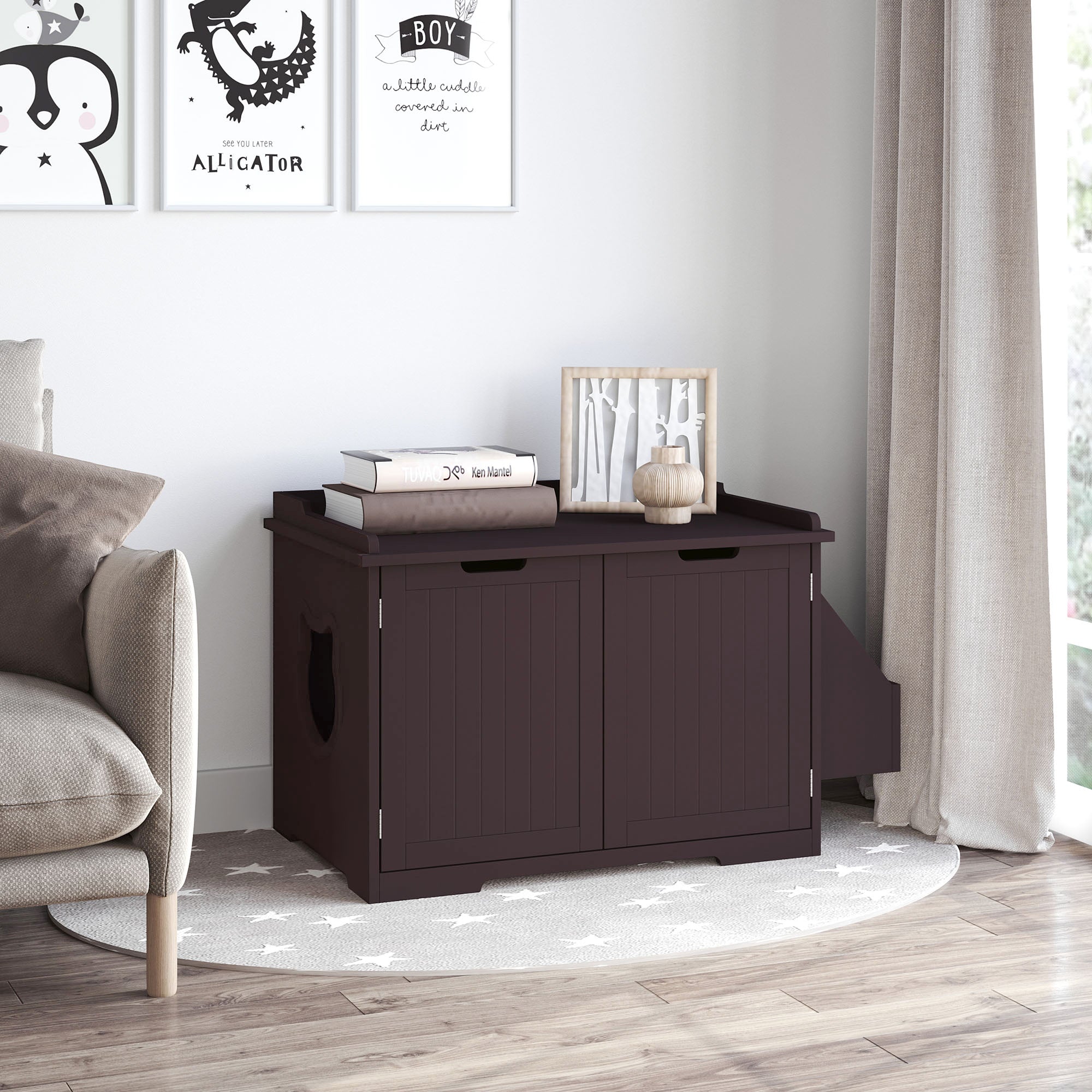 PawHut Wooden Cat Litter Box Enclosure, Hidden Cat Washroom, Kitten House with Nightstand End Table and Storage Rack Magnetic Doors, Brown