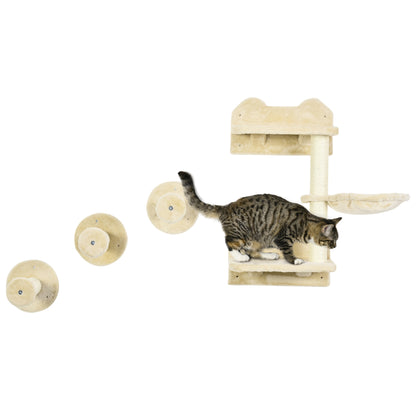 PawHut 4Pcs Cat Wall Shelf with Scratching Posts, Hammock, Steps, Platforms, Cat Shelves for Relaxing, Sleeping, Jumping, Cat Wall Climber for Indoor Cats, Beige