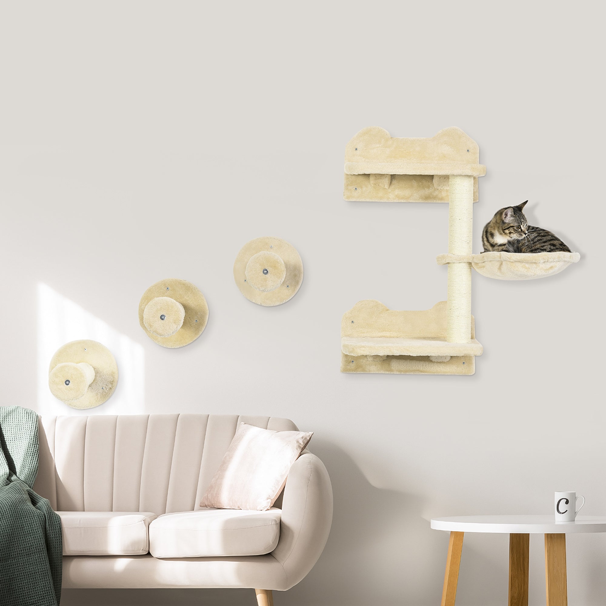 PawHut 4Pcs Cat Wall Shelf with Scratching Posts, Hammock, Steps, Platforms, Cat Shelves for Relaxing, Sleeping, Jumping, Cat Wall Climber for Indoor Cats, Beige