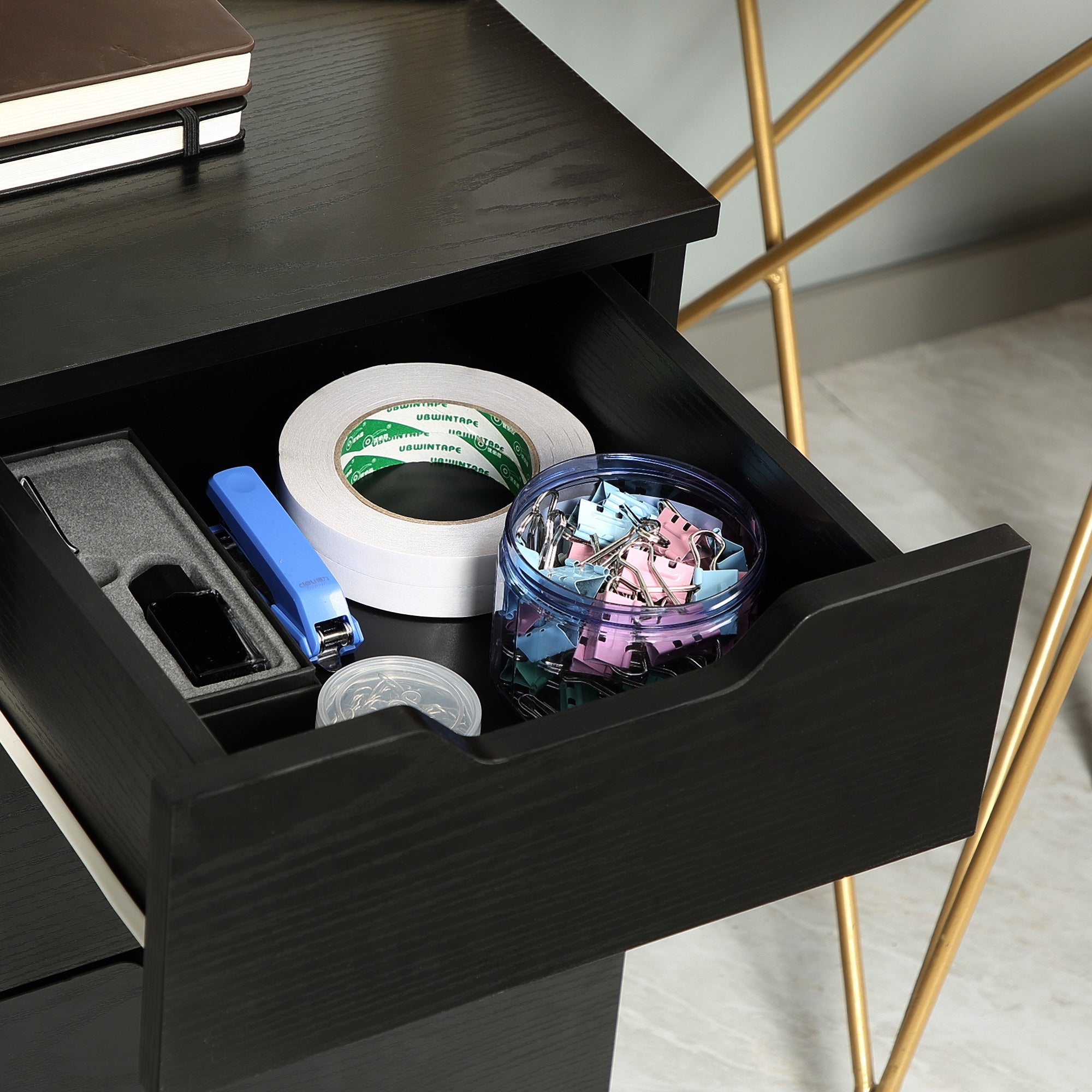 HOMCOM Vertical Filing Cabinet, 3 Drawer Mobile File Cabinet, Under Desk Office Storage Cabinet with Wheels, Black Wood Grain