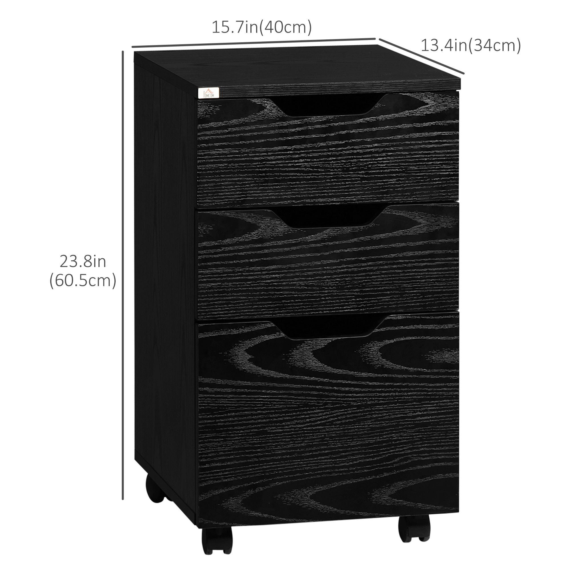 HOMCOM Vertical Filing Cabinet, 3 Drawer Mobile File Cabinet, Under Desk Office Storage Cabinet with Wheels, Black Wood Grain