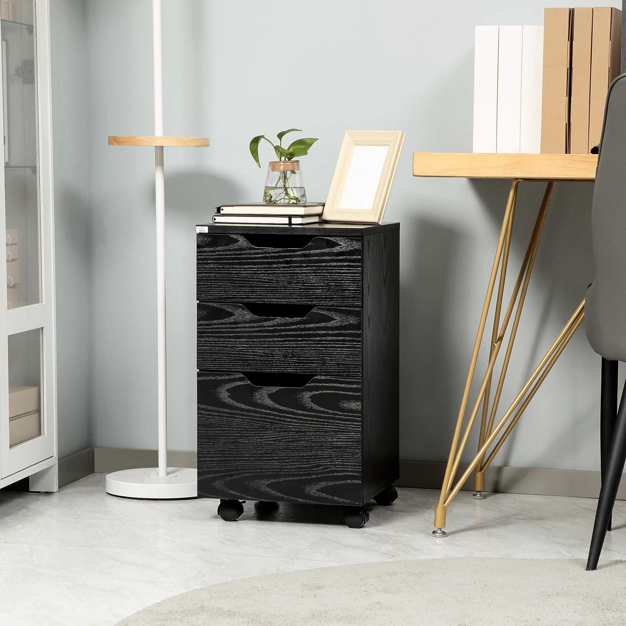 HOMCOM Vertical Filing Cabinet, 3 Drawer Mobile File Cabinet, Under Desk Office Storage Cabinet with Wheels, Black Wood Grain