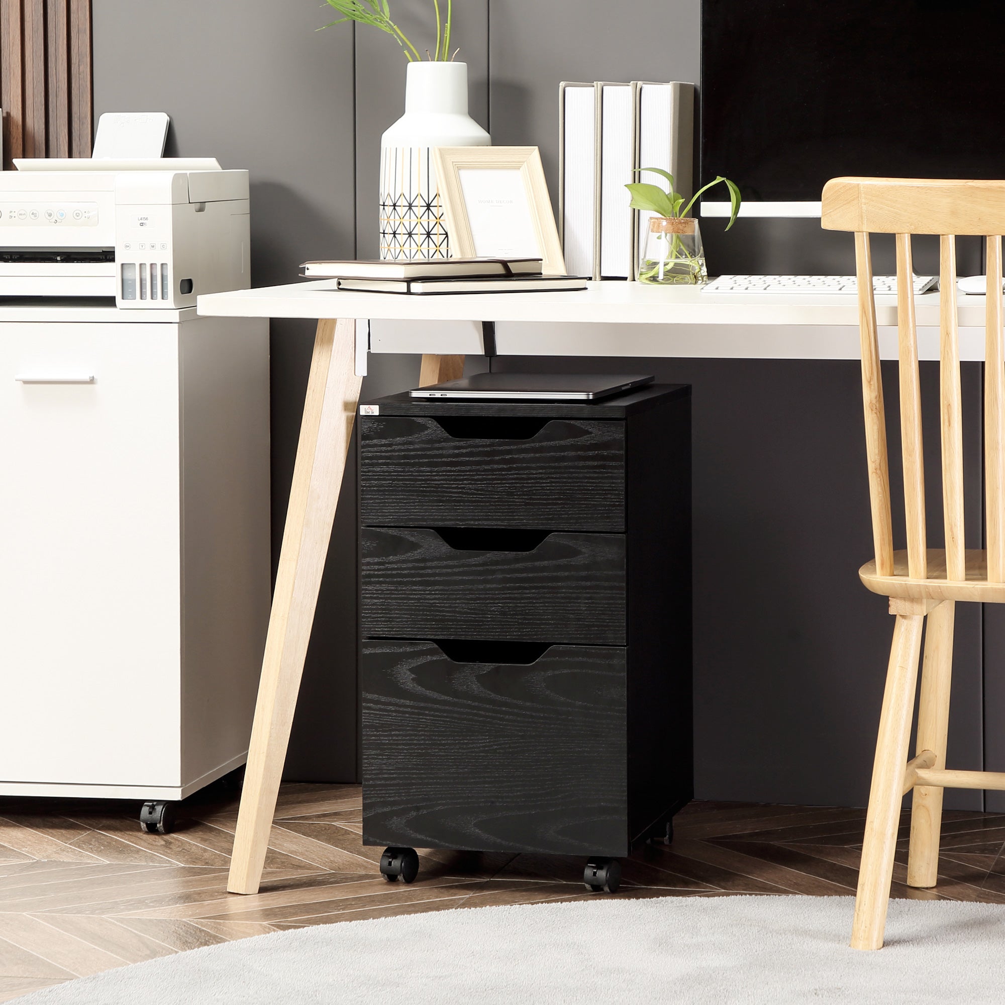 HOMCOM Vertical Filing Cabinet, 3 Drawer Mobile File Cabinet, Under Desk Office Storage Cabinet with Wheels, Black Wood Grain