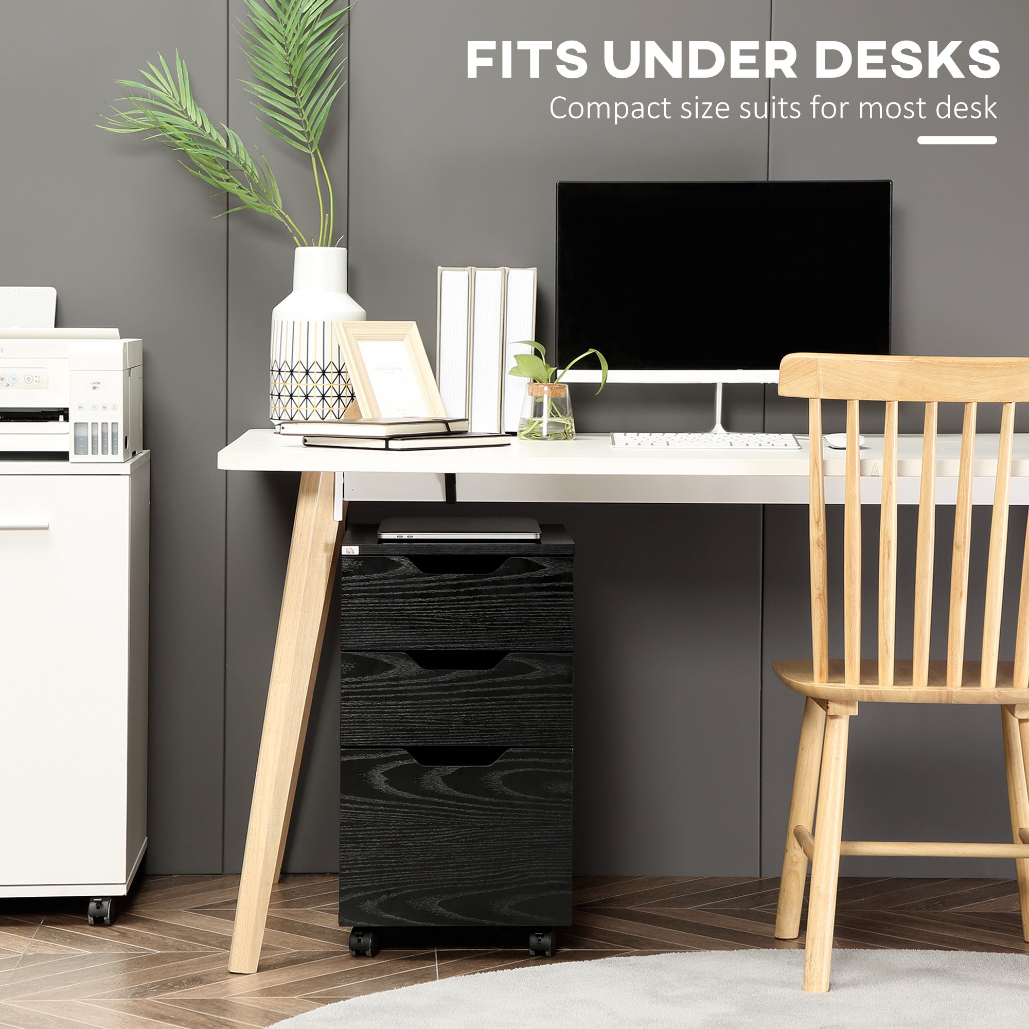 HOMCOM Vertical Filing Cabinet, 3 Drawer Mobile File Cabinet, Under Desk Office Storage Cabinet with Wheels, Black Wood Grain