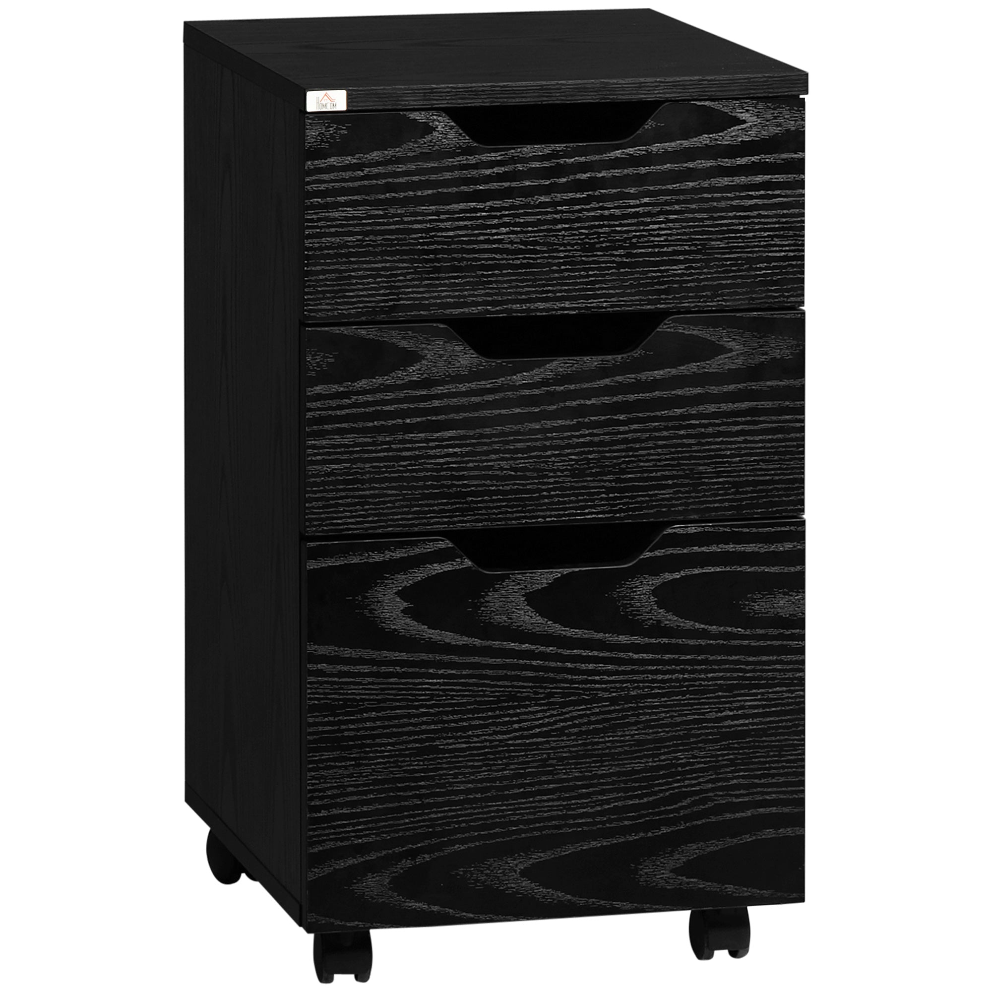 HOMCOM Vertical Filing Cabinet, 3 Drawer Mobile File Cabinet, Under Desk Office Storage Cabinet with Wheels, Black Wood Grain