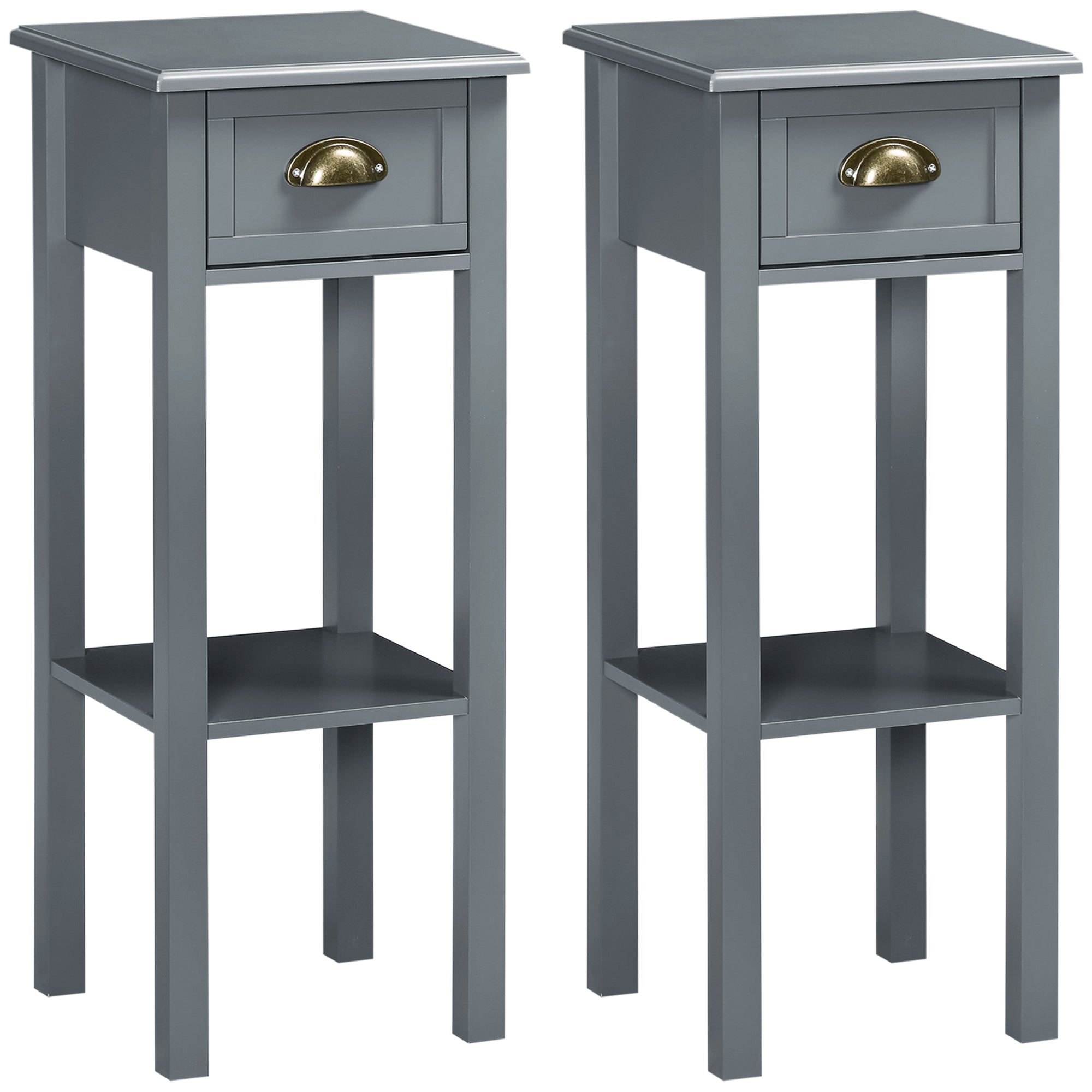 HOMCOM Bedside Table Set of 2, Narrow Side Table with Drawer and Shelf, 2 Tier Tall Nightstand for Bedroom, Grey