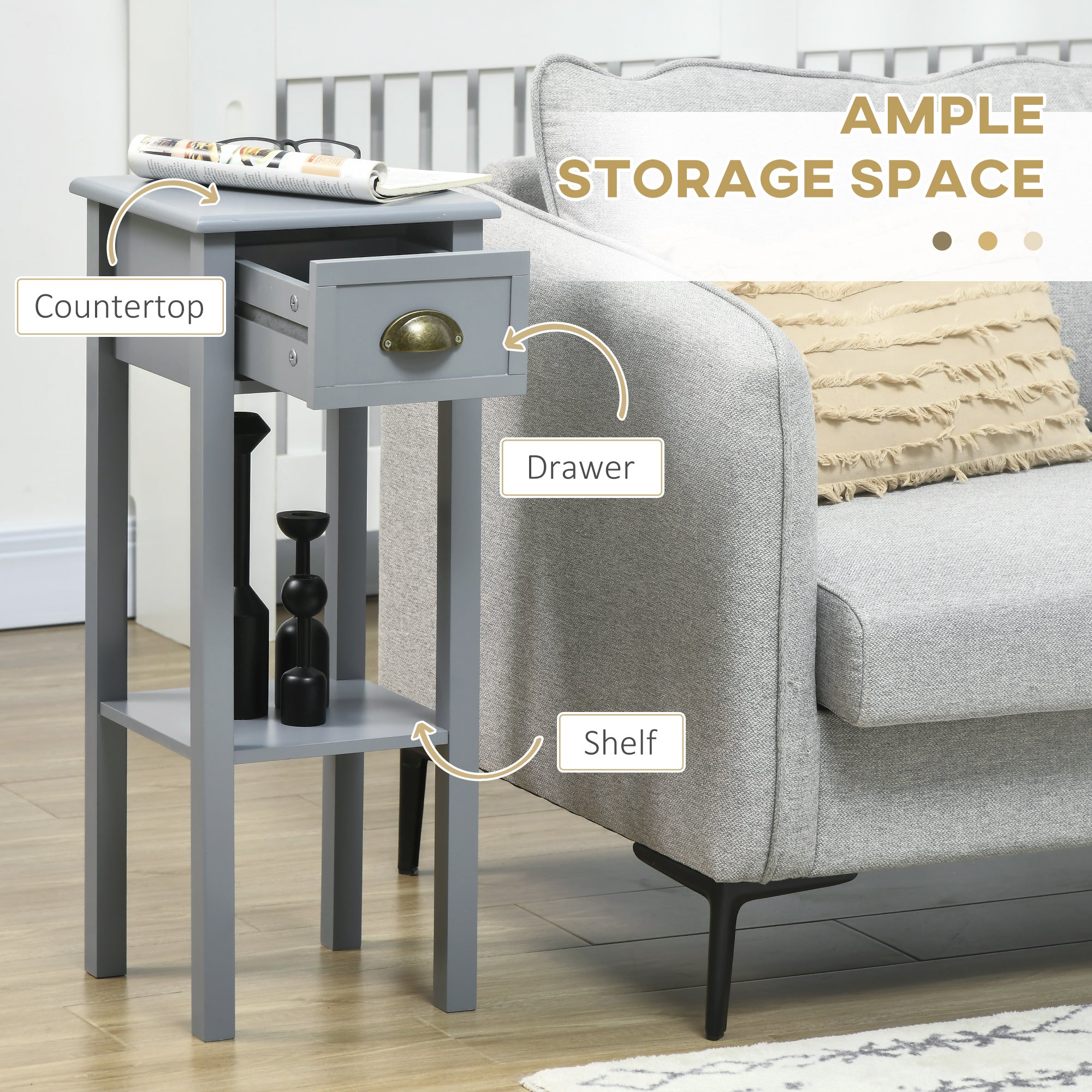 HOMCOM Bedside Table Set of 2, Narrow Side Table with Drawer and Shelf, 2 Tier Tall Nightstand for Bedroom, Grey