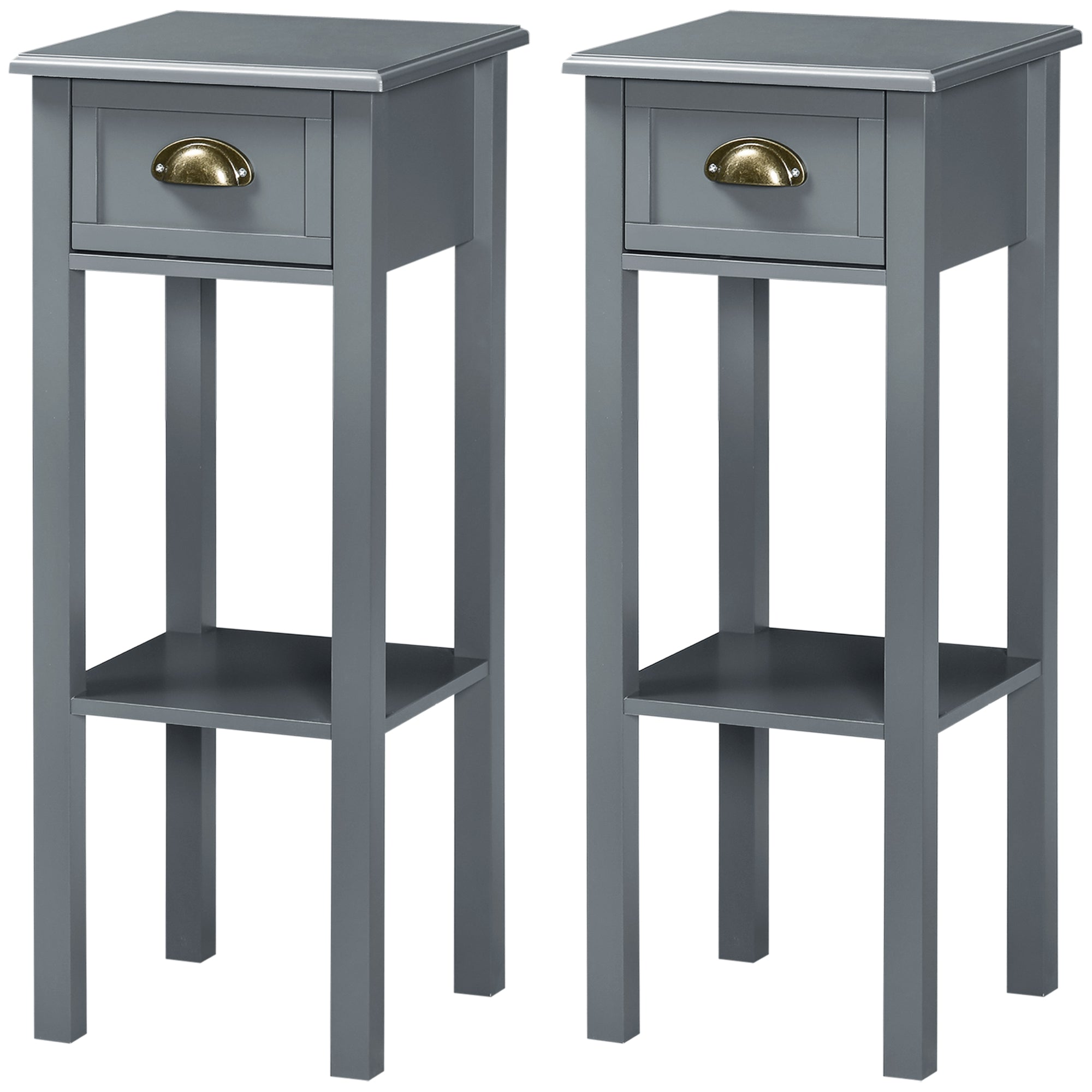 HOMCOM Bedside Table Set of 2, Narrow Side Table with Drawer and Shelf, 2 Tier Tall Nightstand for Bedroom, Grey