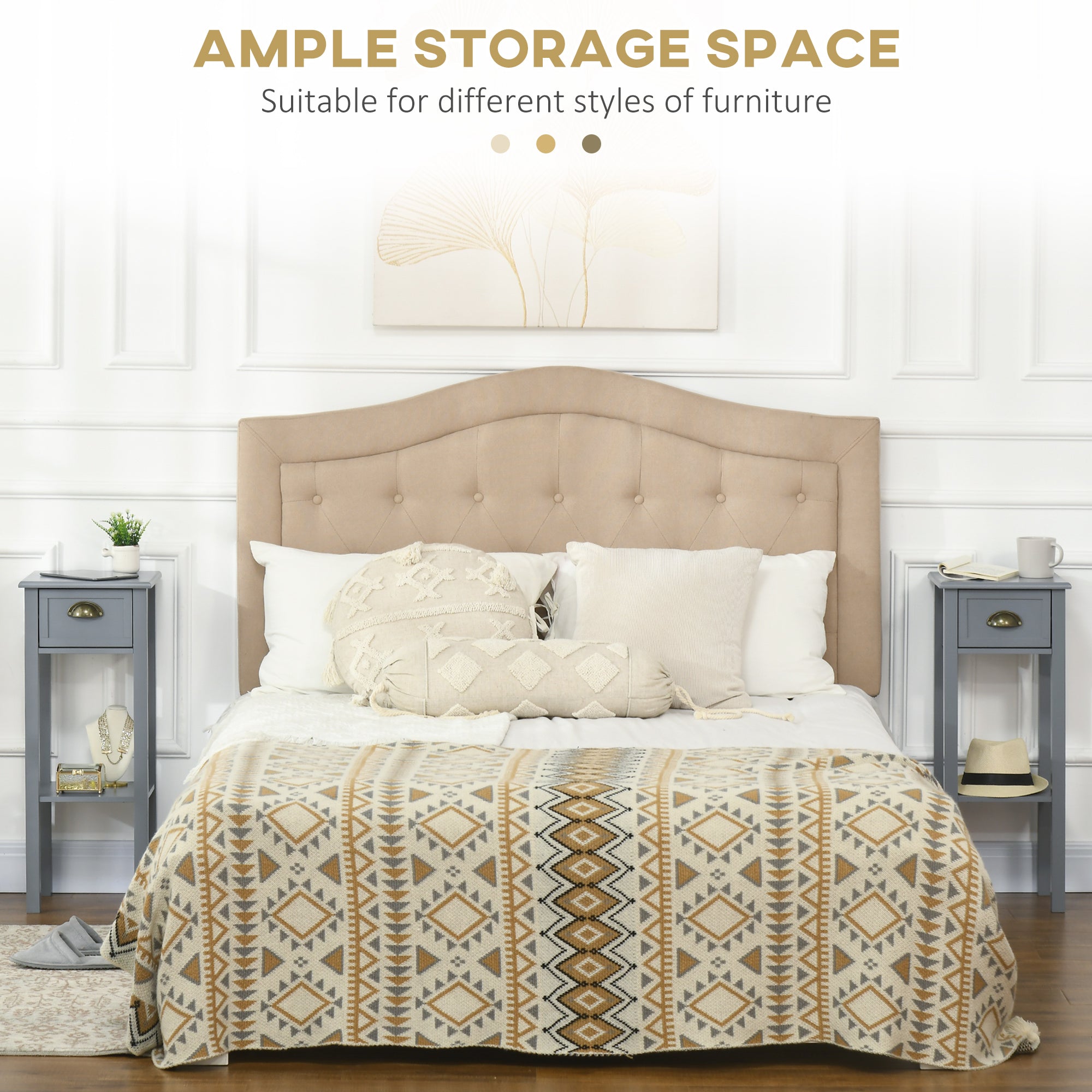 HOMCOM Bedside Table Set of 2, Narrow Side Table with Drawer and Shelf, 2 Tier Tall Nightstand for Bedroom, Grey