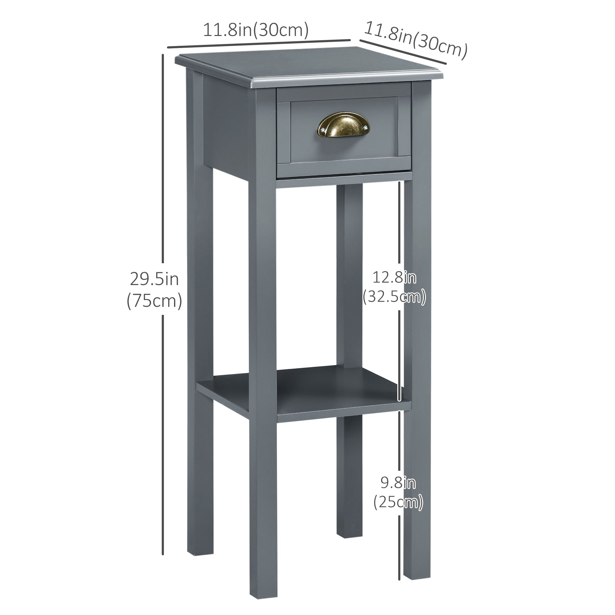 HOMCOM Bedside Table Set of 2, Narrow Side Table with Drawer and Shelf, 2 Tier Tall Nightstand for Bedroom, Grey