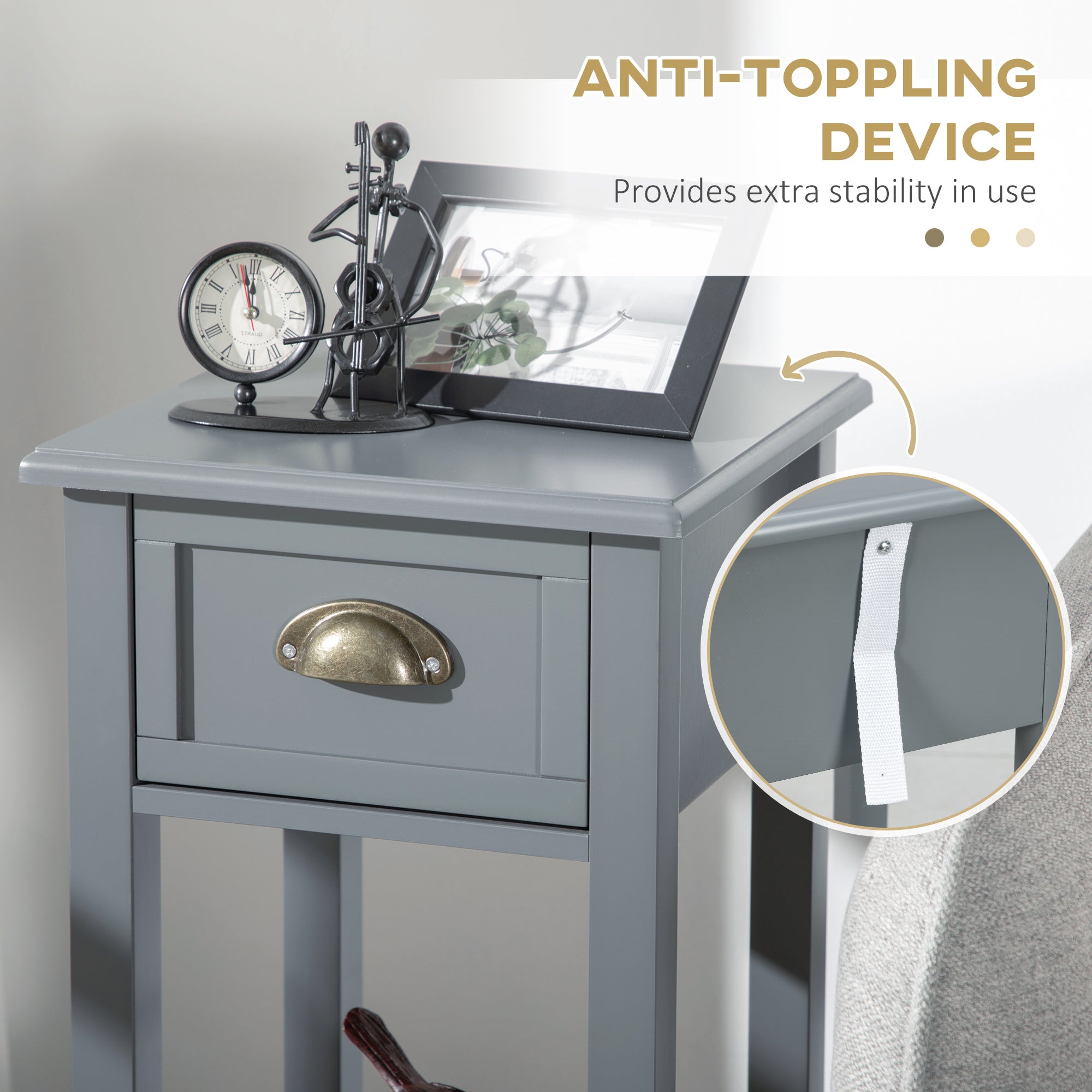 HOMCOM Bedside Table Set of 2, Narrow Side Table with Drawer and Shelf, 2 Tier Tall Nightstand for Bedroom, Grey