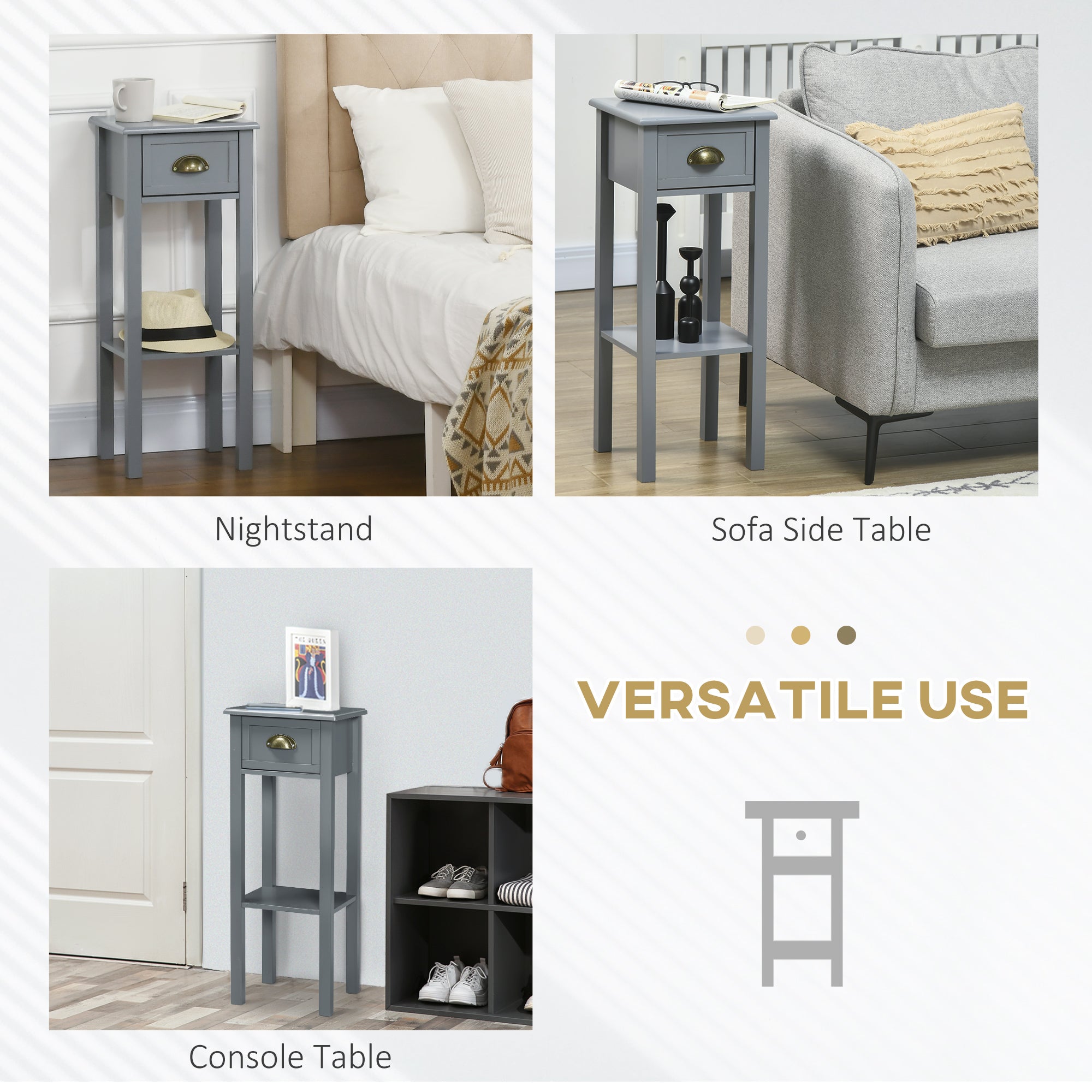 HOMCOM Bedside Table Set of 2, Narrow Side Table with Drawer and Shelf, 2 Tier Tall Nightstand for Bedroom, Grey