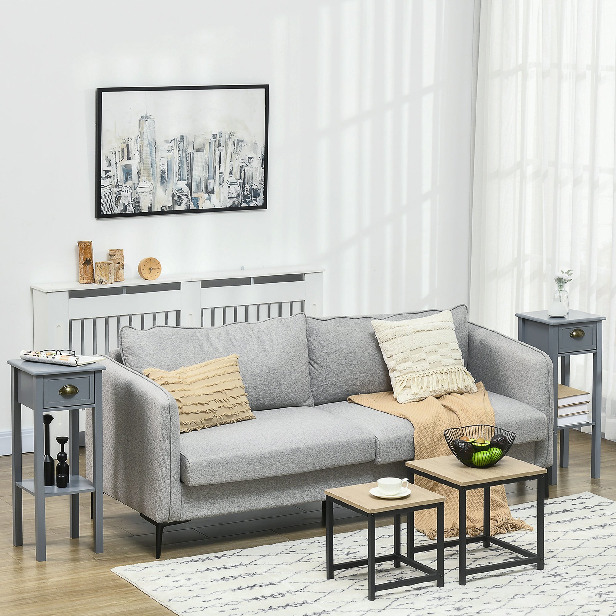 HOMCOM Bedside Table Set of 2, Narrow Side Table with Drawer and Shelf, 2 Tier Tall Nightstand for Bedroom, Grey